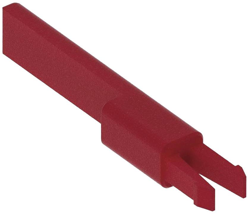 Ein rotes Kunststoffwerkzeug mit rechteckigem Griff und zwei Zinken am Ende, vermutlich für das Entfernen oder Anheben von Objekten.