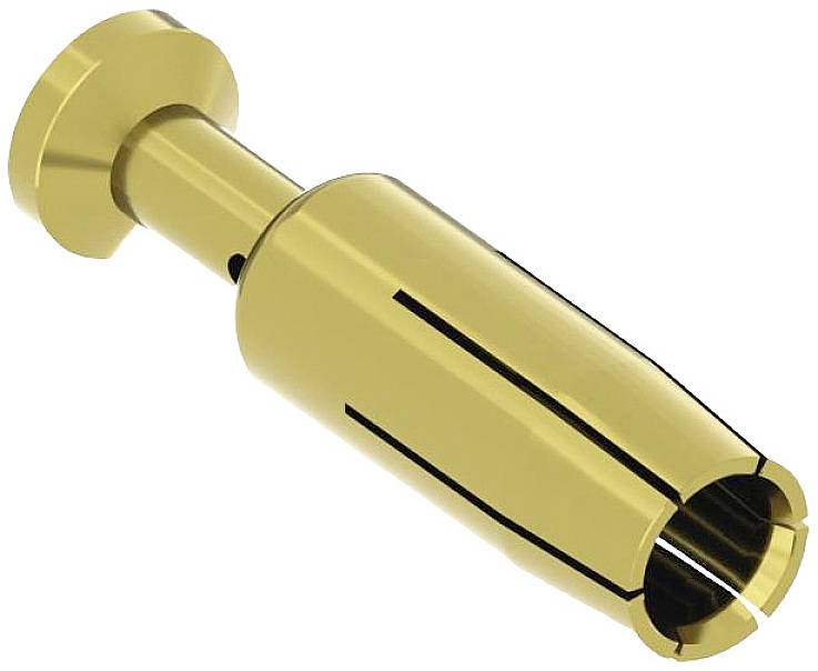 Ein goldfarbener Maschinenbauteil, zylindrisch mit einem Flansch am Ende und Schlitzen. Verwendet für präzise Spannaufgaben.
