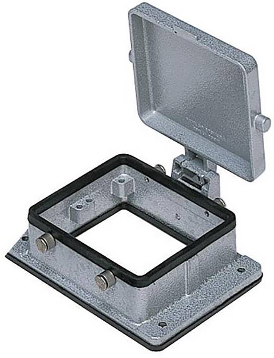 Metallischer Winkelkasten mit aufklappbarem Deckel, zur Befestigung und Schutz elektronischer Komponente, ohne sichtbare Geräte.