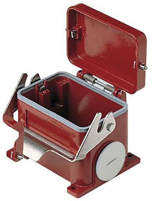 Roter Schutzkasten aus Metall mit geöffnetem Deckel, zeigt Innenraum. Robust und für Sicherheitszwecke geeignet.