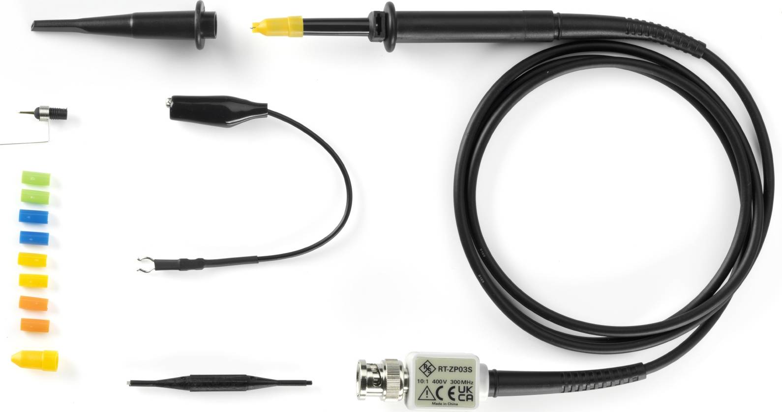 Prüfkabel-Set mit BNC-Stecker, verschiedenen farbigen Markierungen, Krokodilklemme und Prüfspitze, geeignet für elektronische Tests.