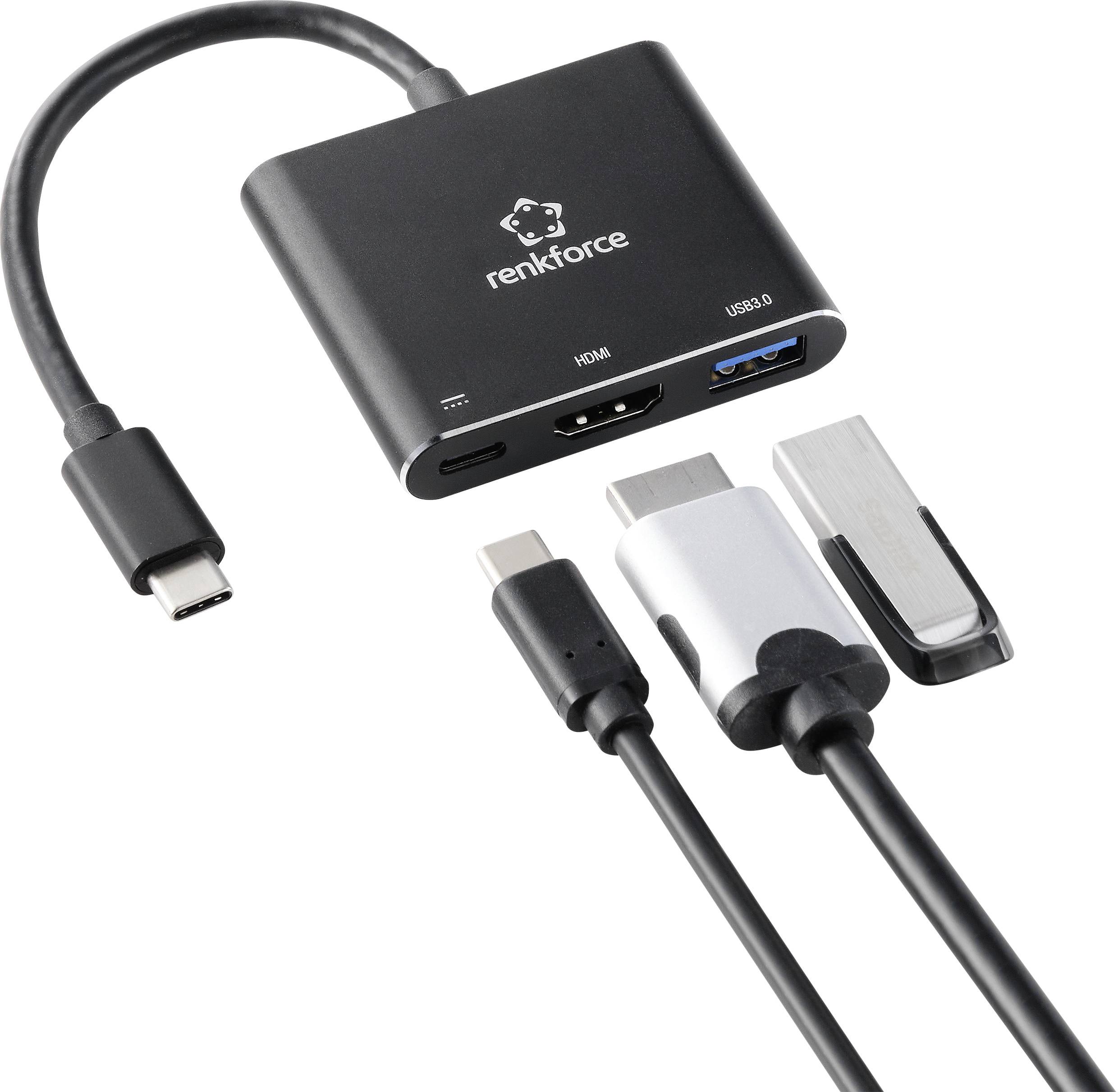 Renkforce RF-5133676 USB-C® / HDMI Adapter [1x USB-C® Stecker - 1x HDMI-Buchse, USB-C® Buchse (Power Delivery), USB-A] Schwarz
