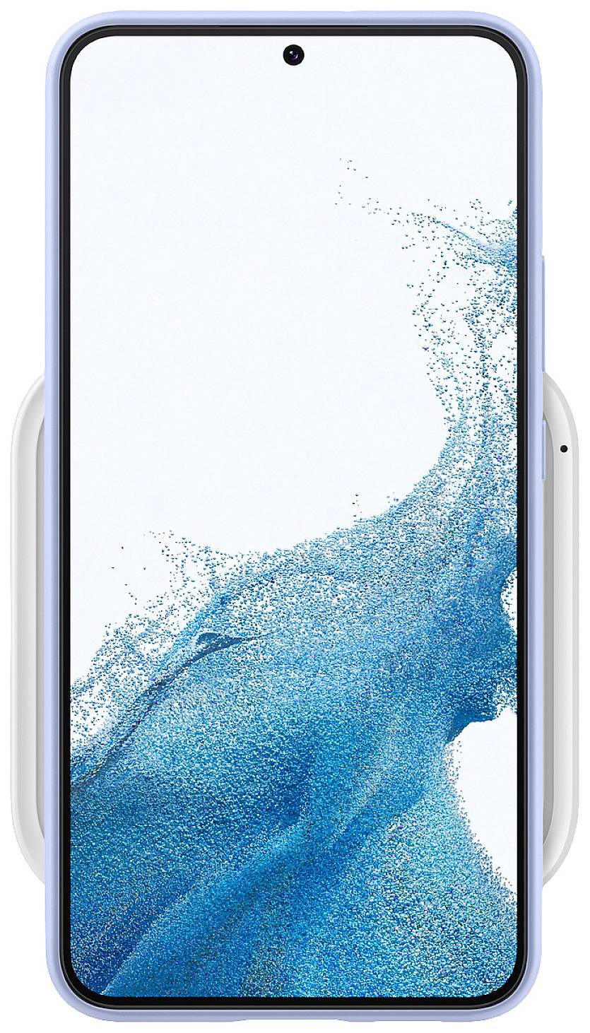 Ein Smartphone mit blauem Rand zeigt eine dynamische, blaue Spritzgrafik auf weißem Hintergrund auf dem Bildschirm.