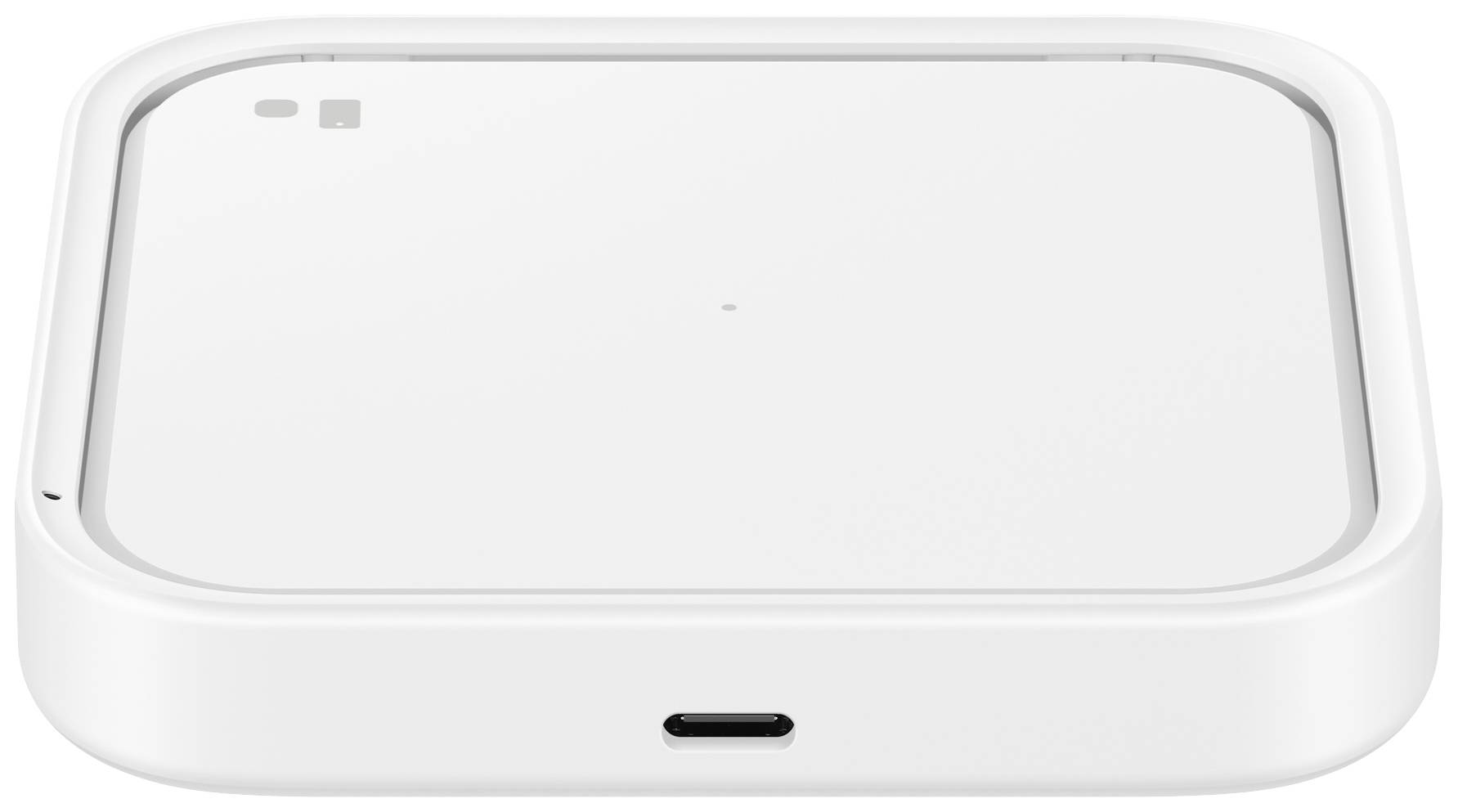 Ein kompakter, weißer kabelloser Ladepad mit USB-C-Anschluss, geeignet zum Aufladen von kompatiblen Geräten.