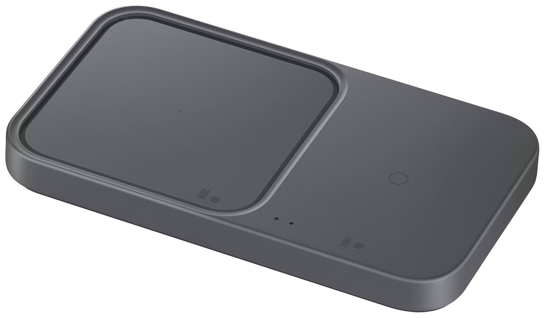 Eine schwarze, rechteckige kabellose Ladestation mit abgerundeten Ecken. Sie hat zwei Ladeflächen für Smartphones oder andere Geräte.
