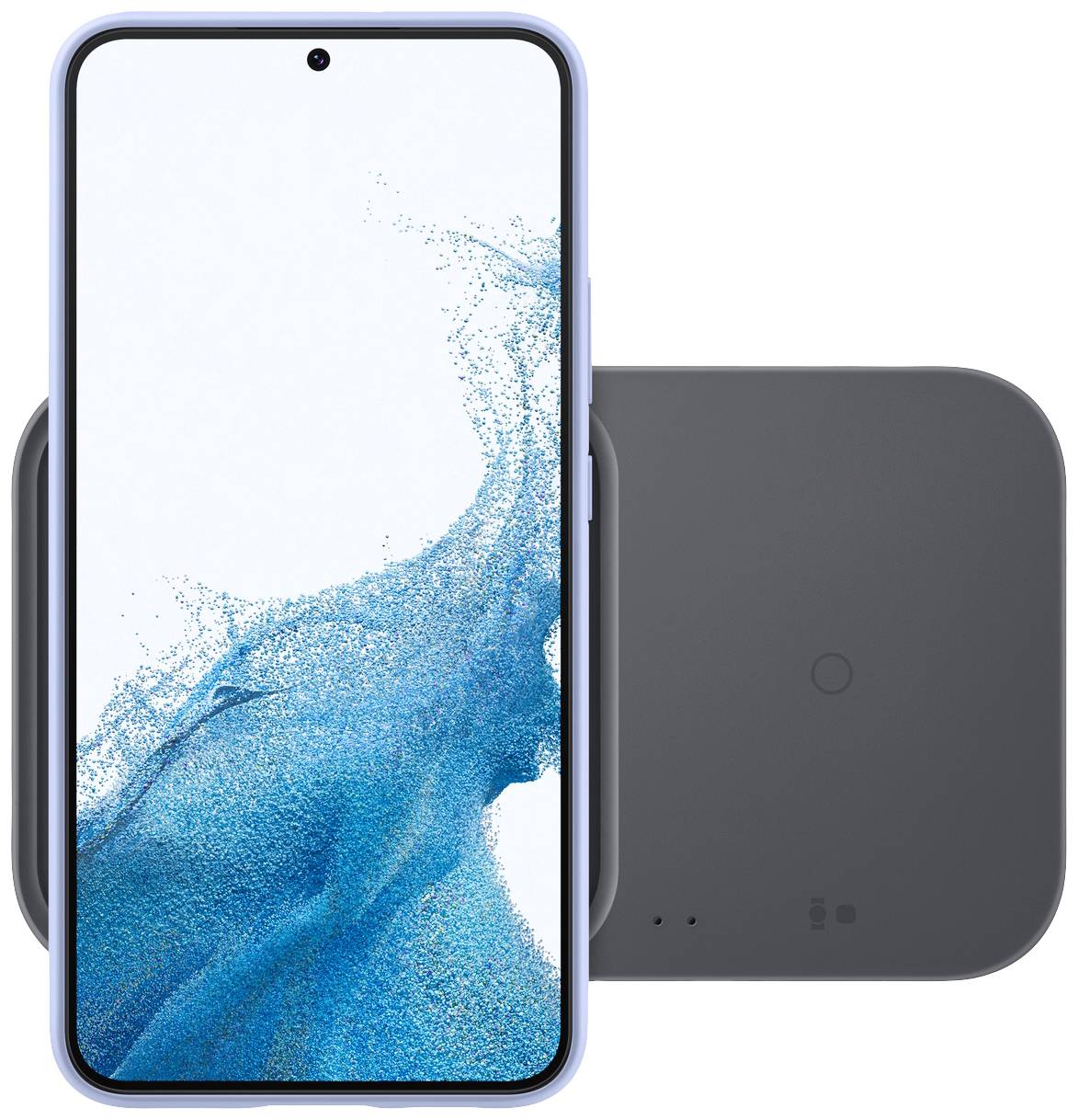 Smartphone mit blauem Rand zeigt abstraktes blaues Design auf weißem Hintergrund. Es liegt auf einem flachen, grauen Ladegerät.