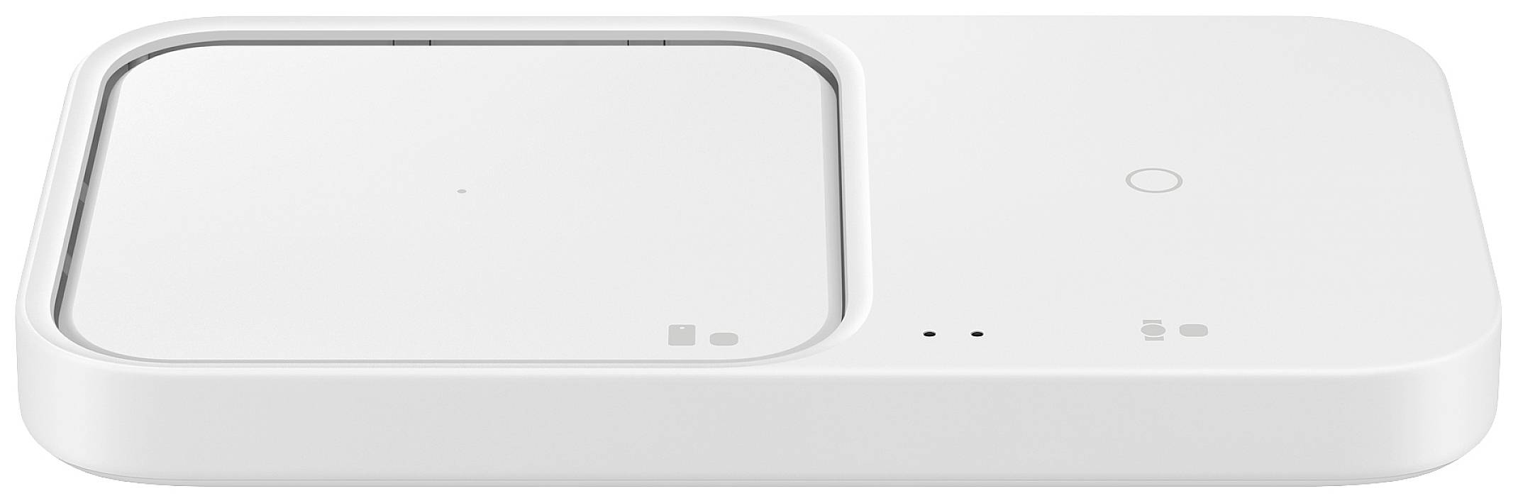 Ein weißes, rechteckiges kabelloses Ladegerät mit zwei Ladestationen, kleinen LED-Anzeigen und einem kreisförmigen Sensor.