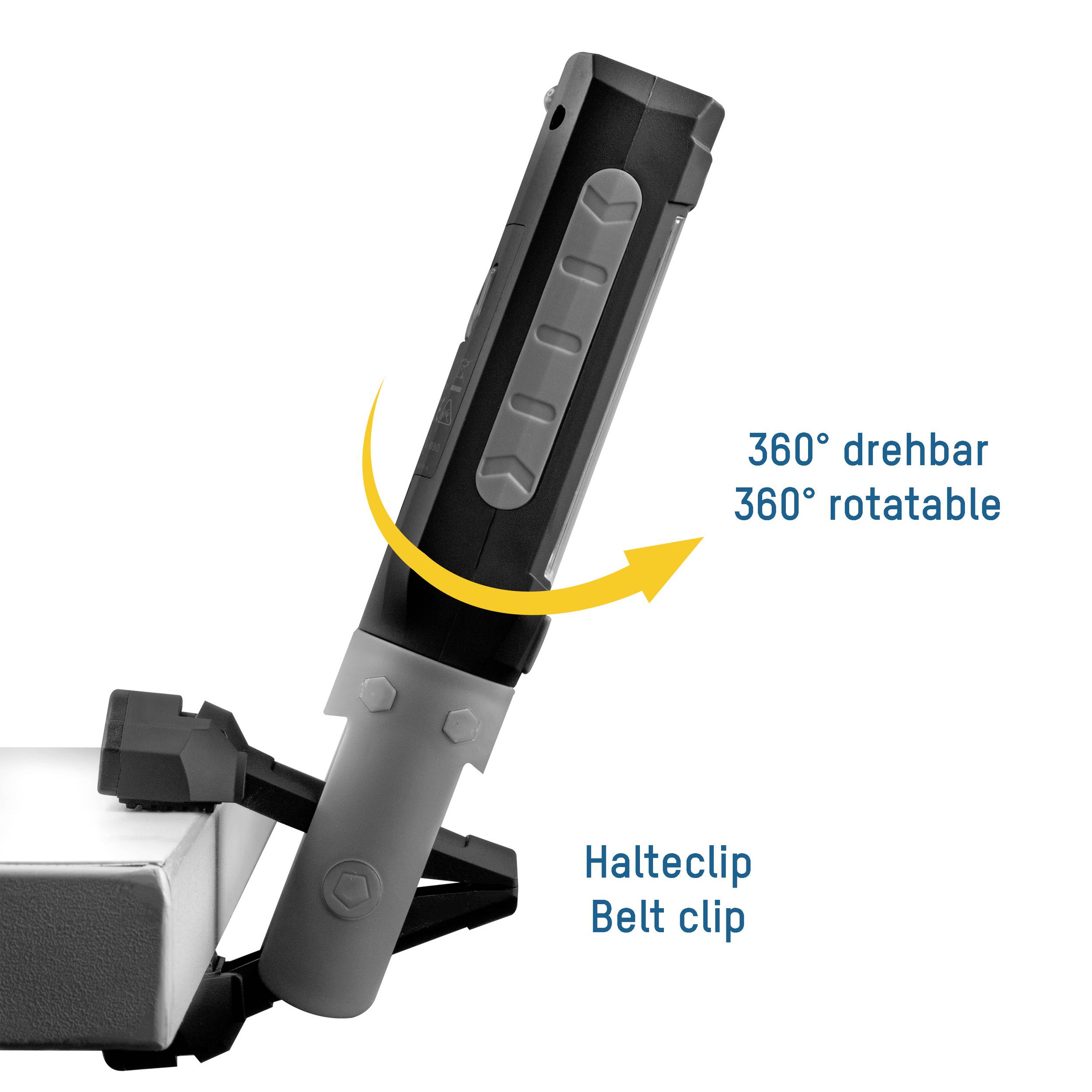 Multifunktionales Werkzeug mit Schrauben, Halteclip und 360° drehbarem Kopf, der flexible Ausrichtung ermöglicht.