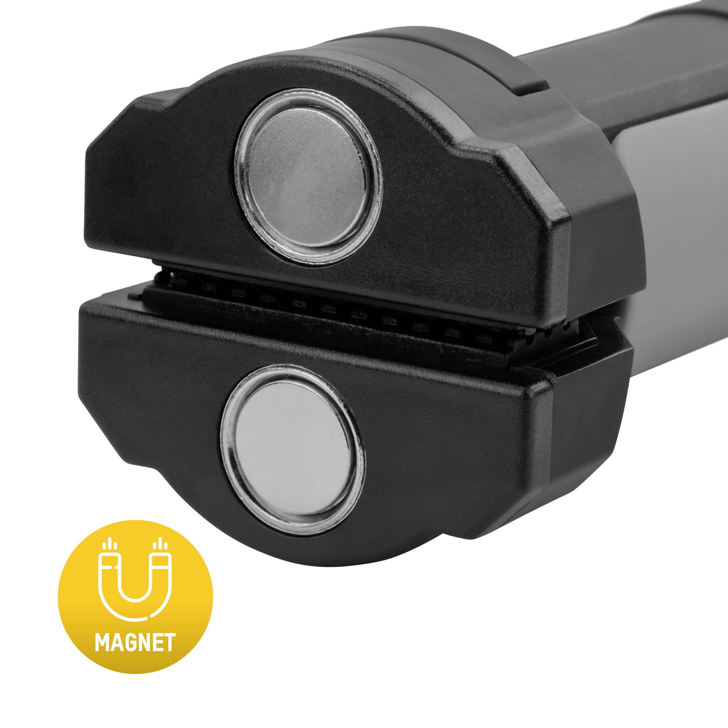 Magnetisches Werkzeug mit zwei runden Magneten zum Befestigen. Gelbes Symbol mit Aufschrift 'MAGNET'.