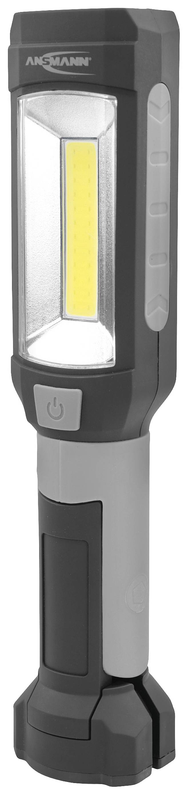 Graue Taschenlampe mit gelbem LED-Lichtstreifen und seitlichen Bedientasten.