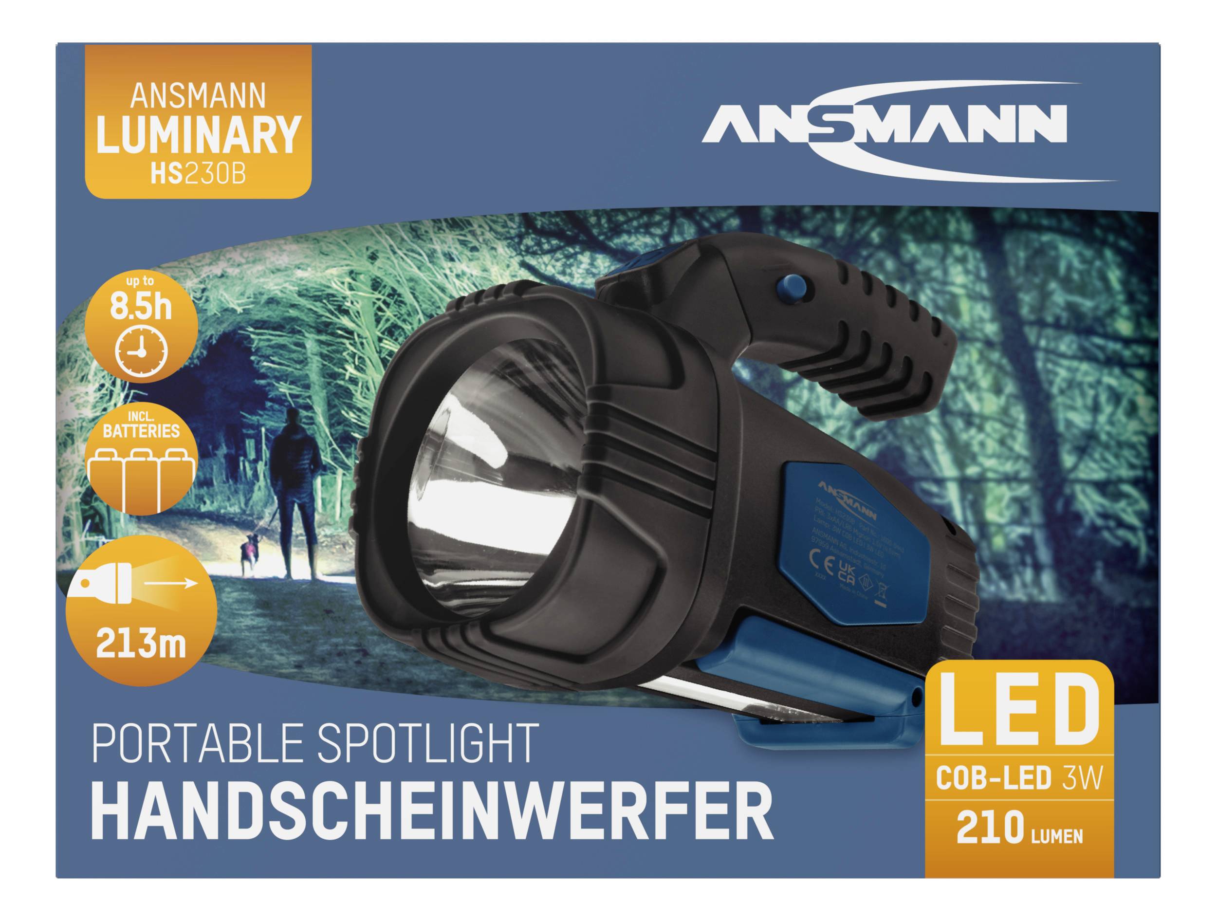 Tragbarer LED-Handscheinwerfer von Ansmann, Modell HS230B, mit 210 Lumen, einer Reichweite von 213m und einer Laufzeit von 8,5 Stunden.