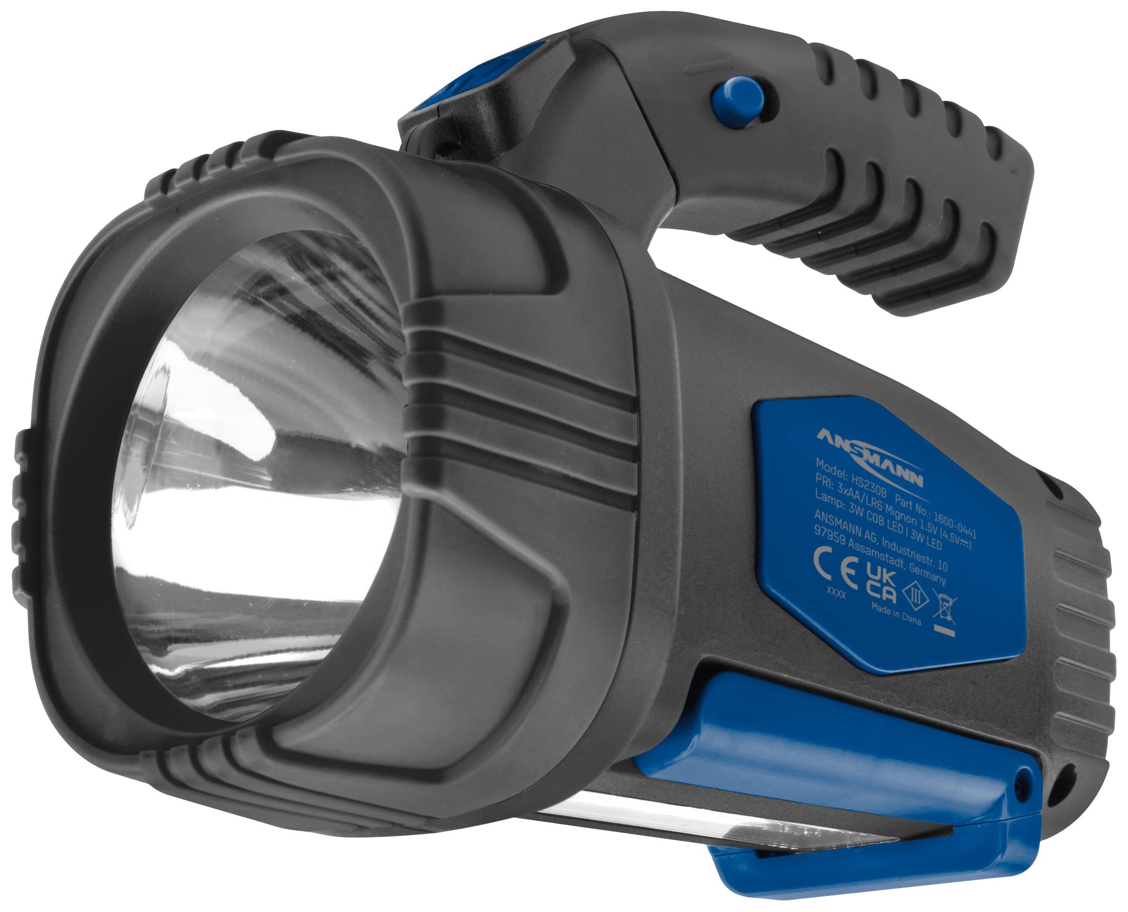 Eine schwarze und blaue, tragbare Taschenlampe mit robustem Design. Ideal für Outdoor-Aktivitäten bei Dunkelheit.
