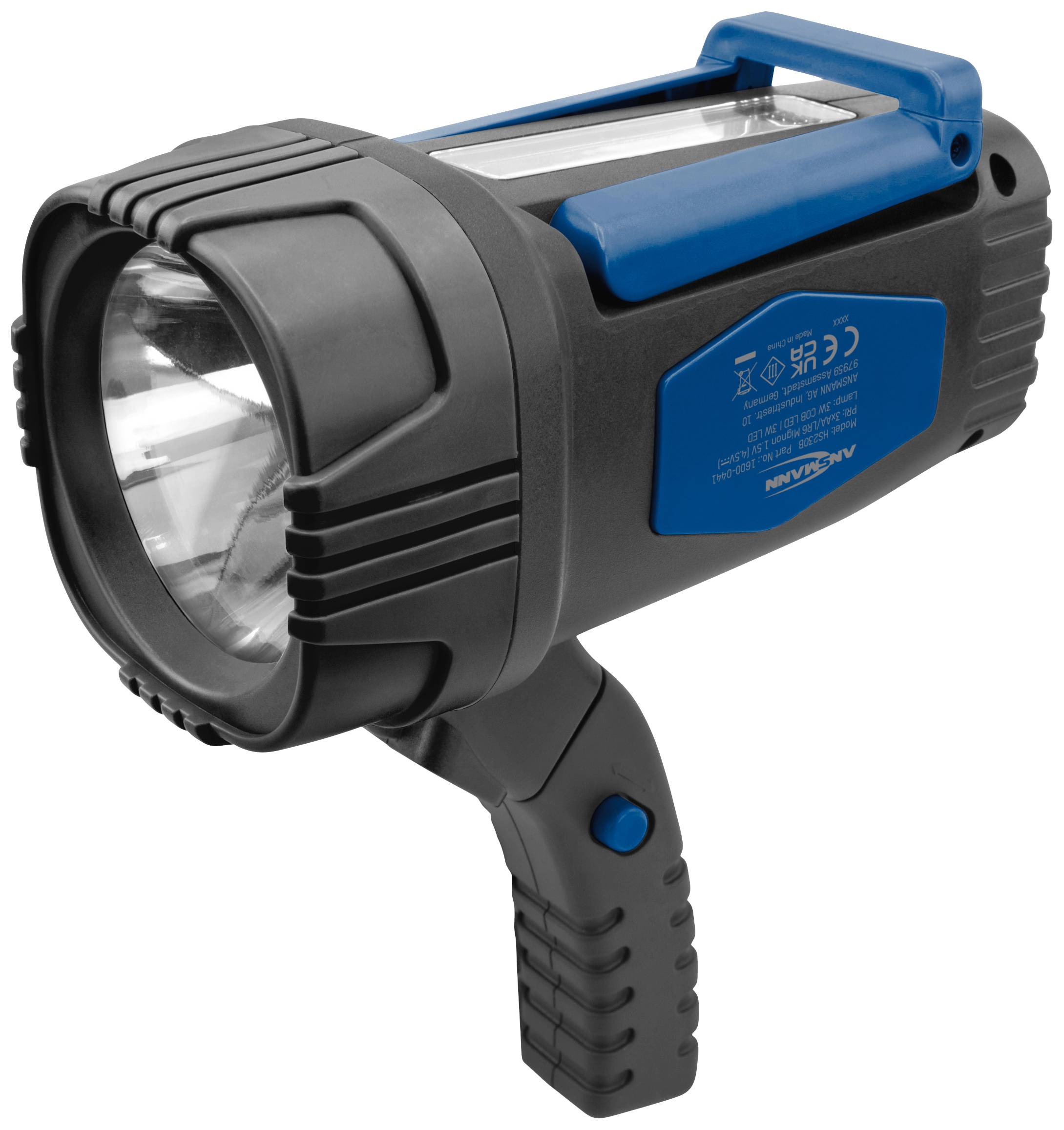 Tragbare schwarze und blaue Taschenlampe mit großem Griff. Die Leuchte ist kräftig, ideal für Outdoor-Einsätze.