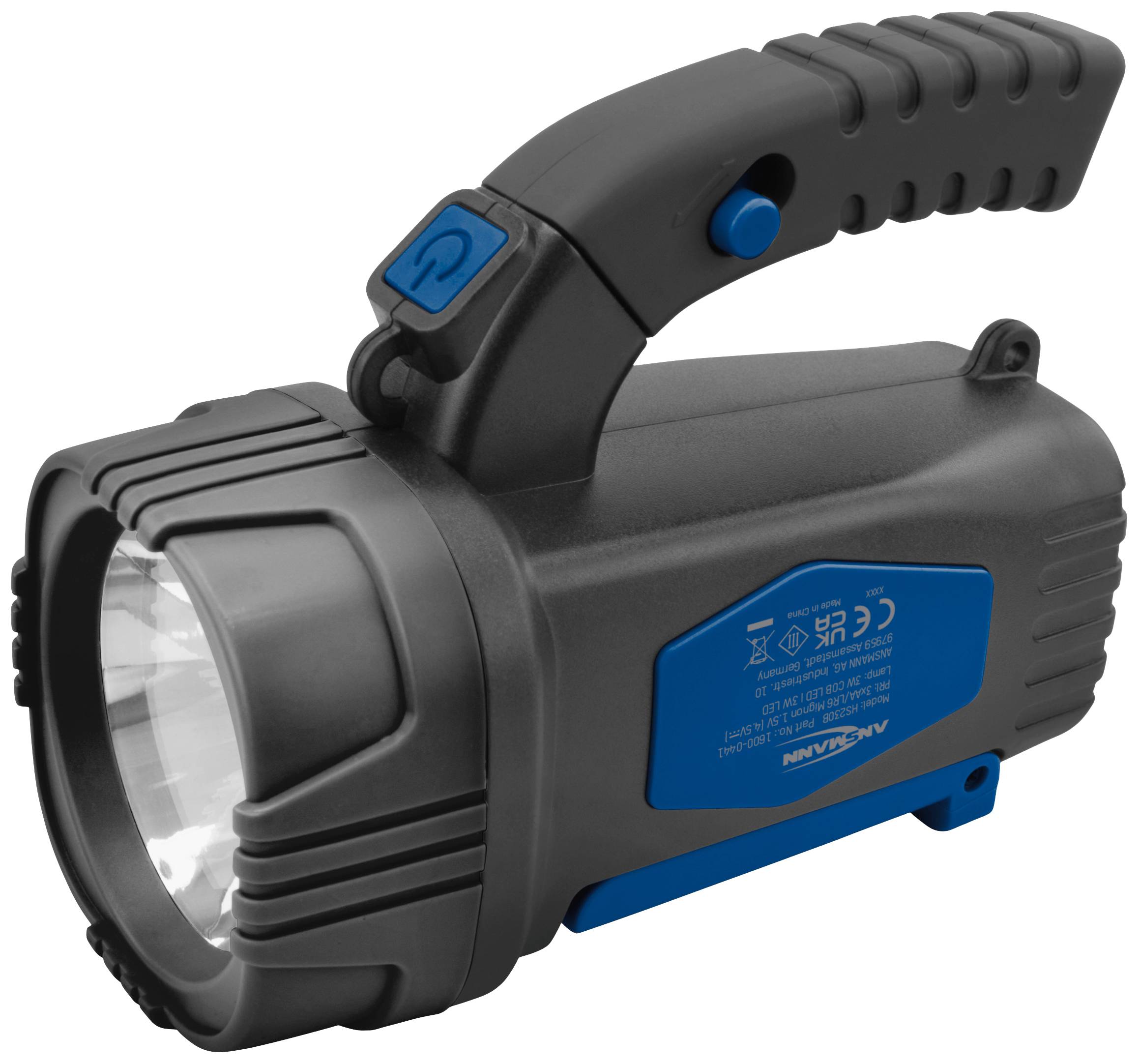 Schwarz-blaue Taschenlampe mit ergonomischem Griff und großem Reflektor, geeignet für den Einsatz bei Outdoor-Aktivitäten oder Notfällen.