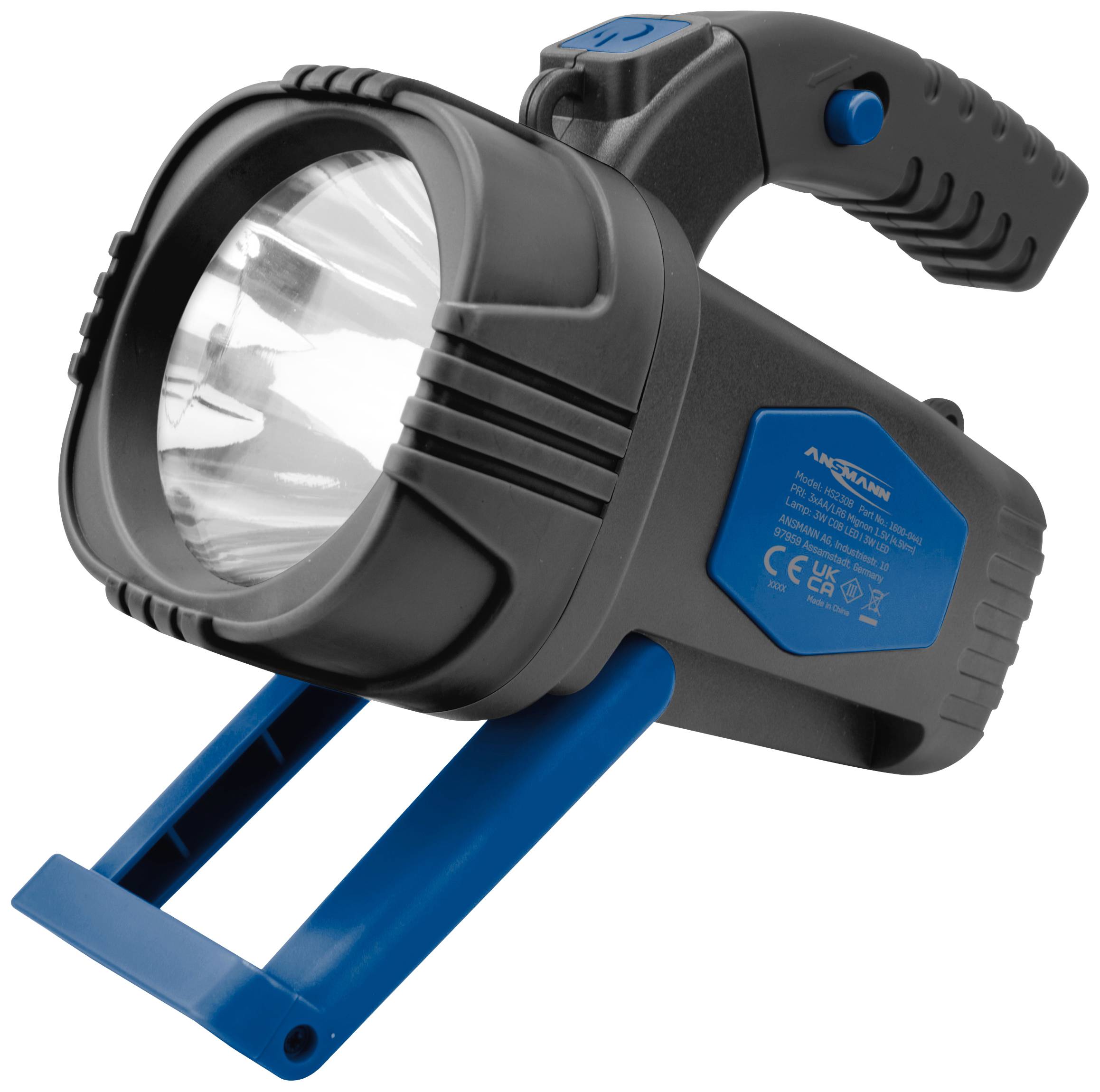 Eine schwarze und blaue Taschenlampe mit einem stabilen Griff und einem stützenden Standfuß, das für Outdoor-Einsätze geeignet ist.