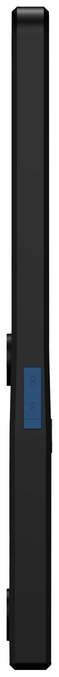 Schwarzes, rechteckiges elektronisches Gerät im Profil; zeigt minimalistische Gestaltung mit einem blauen Element in der Mitte.
