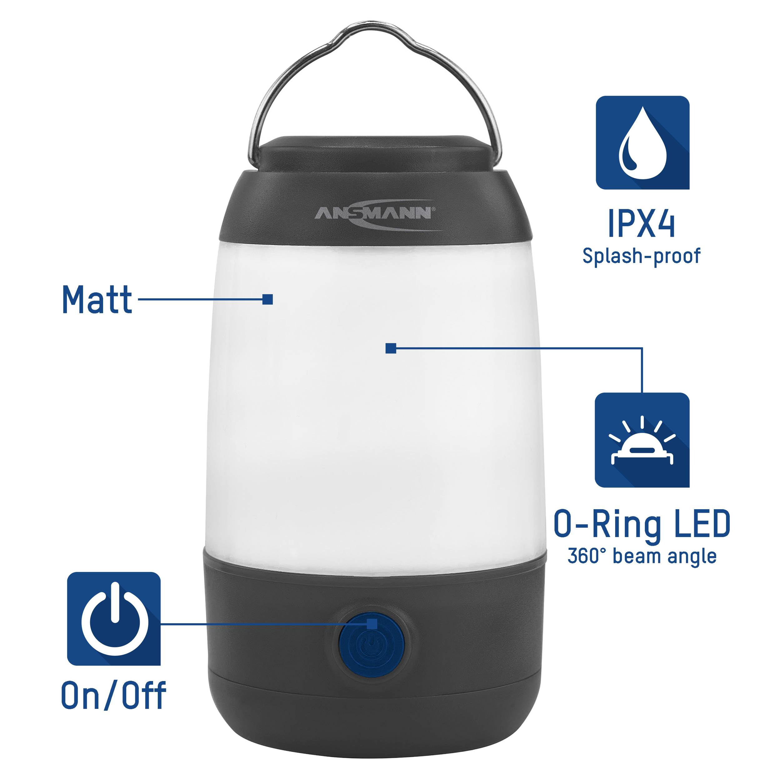 Weiße LED-Campinglampe mit schwarzem Sockel, spritzwassergeschützt (IPX4), 360° Lichtstrahl, ein/aus Schalter unten.