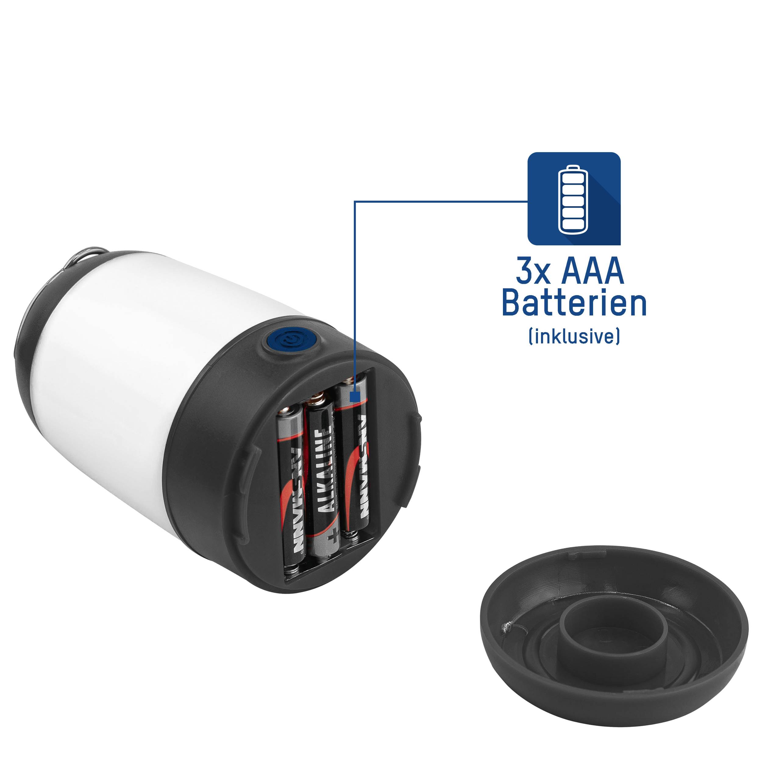 Eine weiße Lampe mit Batteriefach, das drei eingelegte AAA-Batterien zeigt. Text: '3x AAA Batterien (inklusive)'.