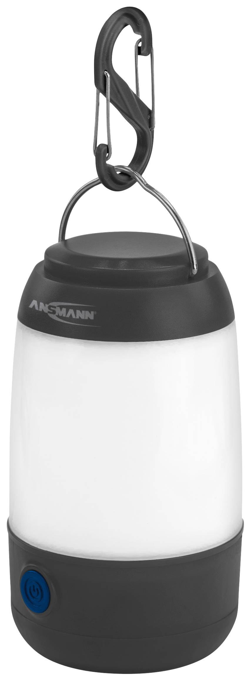Tragbare LED-Campingleuchte mit schwarzem Haken und Schalter unten, geeignet für Outdoor-Aktivitäten.