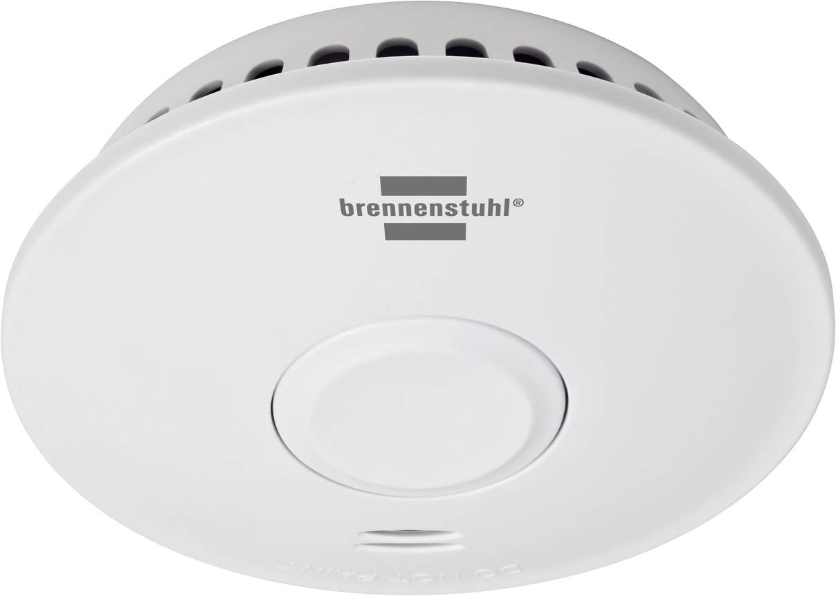 Weißer runder Brennenstuhl Rauchmelder mit zentraler Testtaste und Belüftungsöffnungen oben.