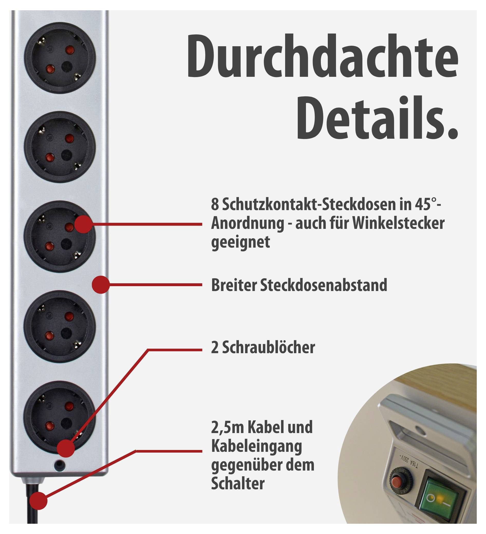 Werbegrafik einer Steckdosenleiste mit dem Titel 'Durchdachte Details.'; markiert sind 8 Schutzkontakt-Steckdosen in 45°-Anordnung, breiter Abstand, 2 Schraublöcher sowie 2,5 m Kabel und Schalter gegenüber dem Kabeleingang.