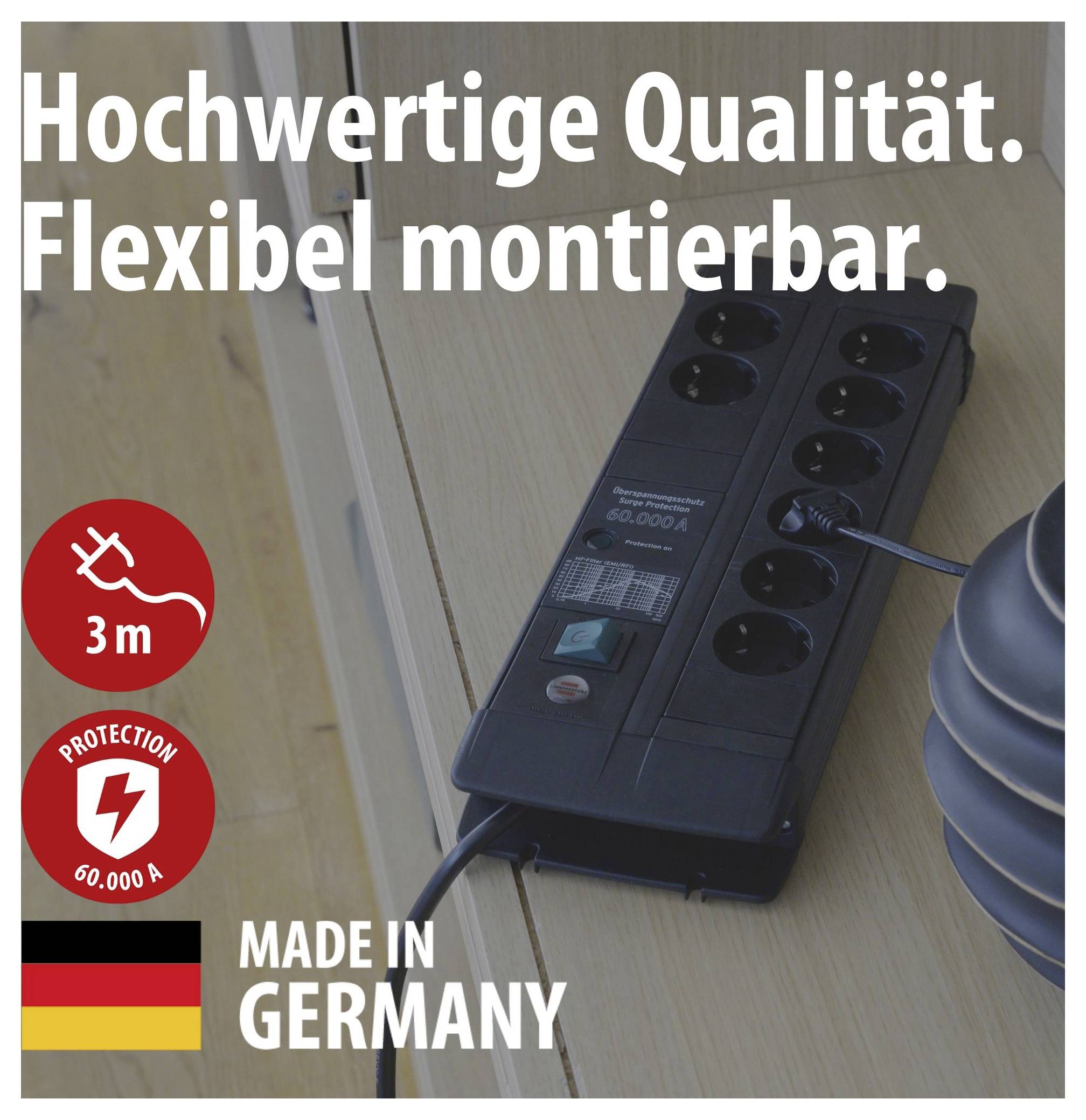 Steckdosenleiste an der Wand montiert mit Text 'Hochwertige Qualität. Flexibel montierbar.', 3 m Kabel, 60.000 A Schutz, Made in Germany.