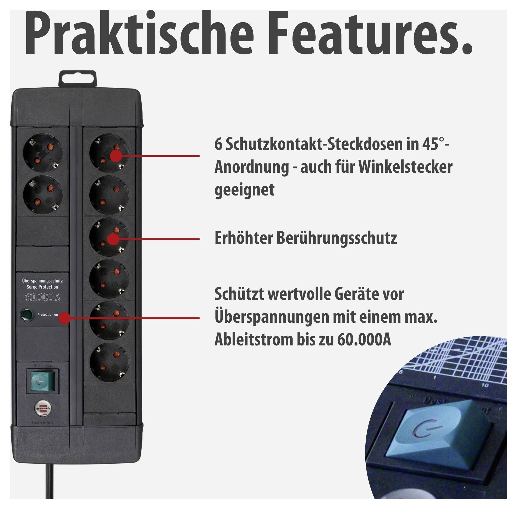 Bilder einer Steckdosenleiste mit Überspannungsschutz; Text nennt 6 Schutzkontakt-Steckdosen in 45°-Anordnung, erhöhten Berührungsschutz und 60.000 A Ableitstrom.