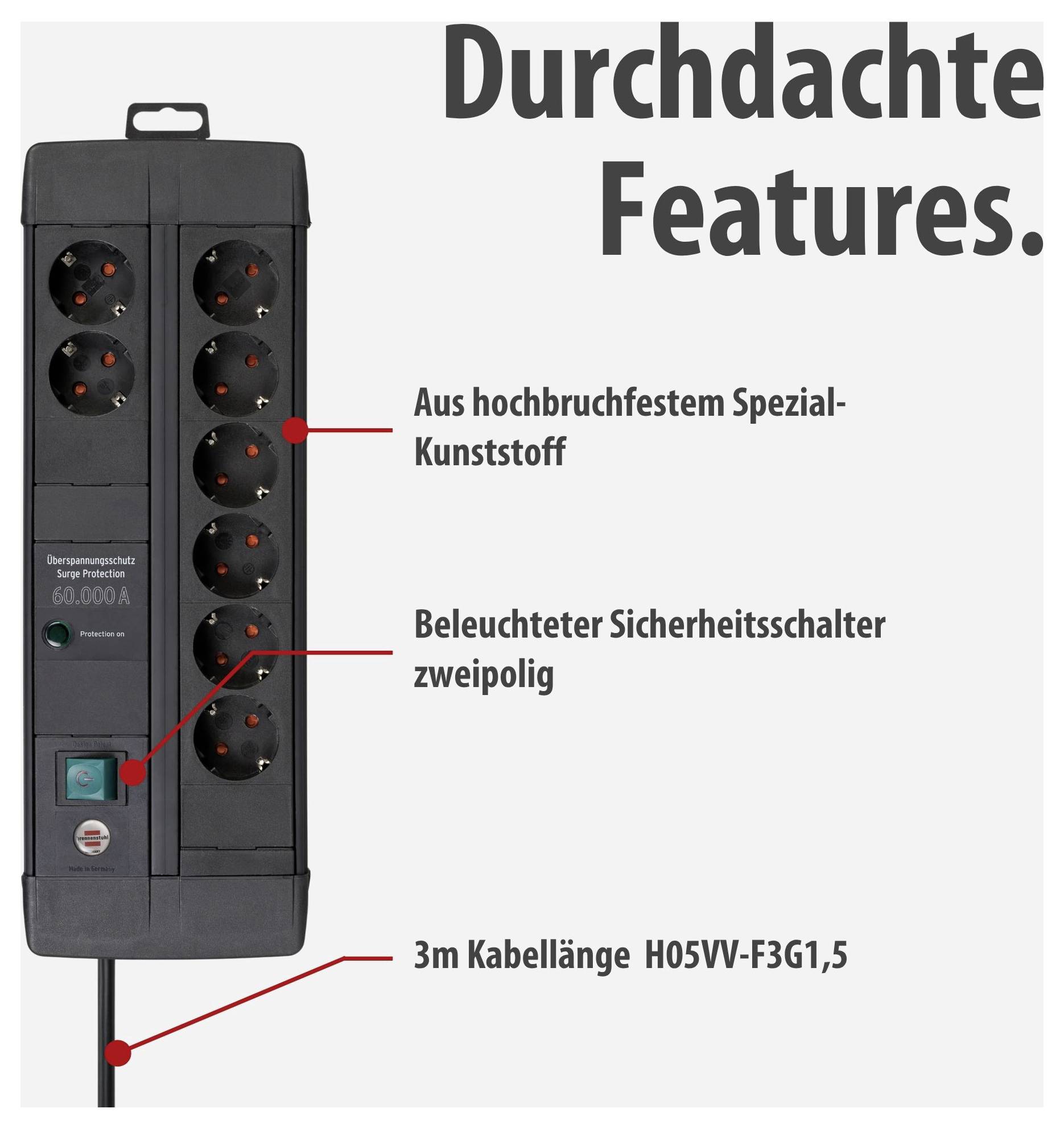 Werbebild einer schwarzen Steckdosenleiste mit mehreren Steckplätzen; hervorgehoben sind Spezial-Kunststoff, beleuchteter Sicherheitsschalter und 3 m Kabel.