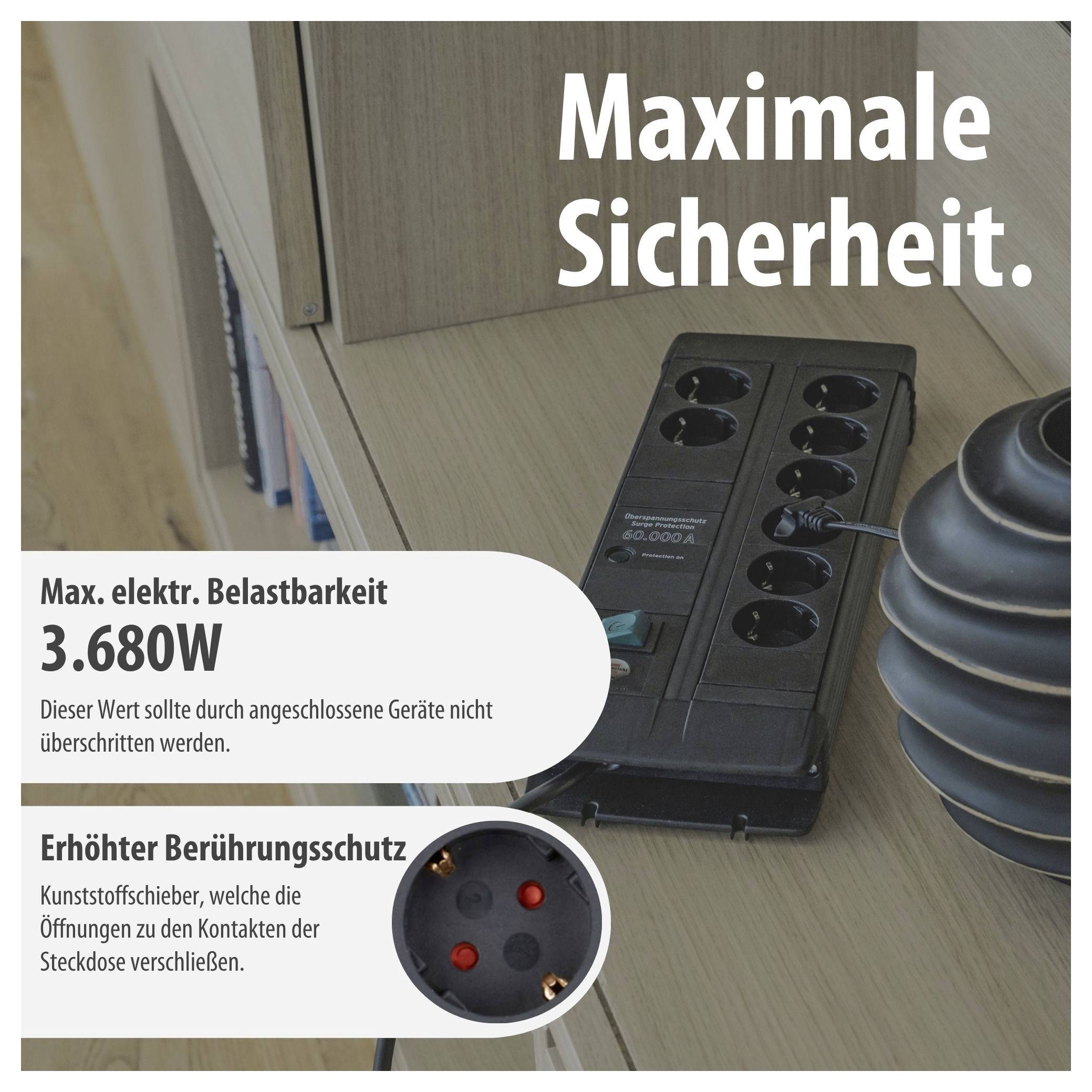 Werbeanzeige für eine Steckdosenleiste: 'Maximale Sicherheit'. Genannt werden max. elektrische Belastbarkeit 3.680 W und erhöhter Berührungsschutz durch Kunststoffschieber.