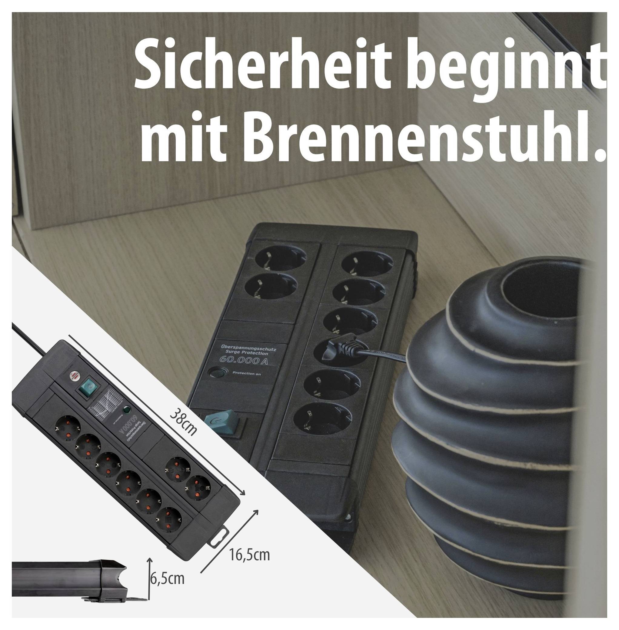 Werbeanzeige für eine Steckdosenleiste von Brennenstuhl mit dem Slogan 'Sicherheit beginnt mit Brennenstuhl', Produktfoto und Maßangaben zu Länge und Höhe.