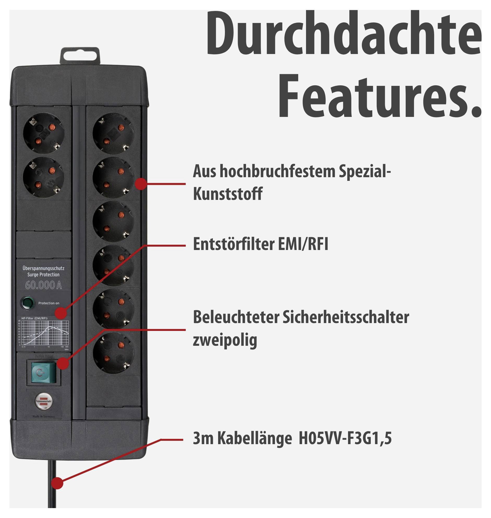 Produktbild einer schwarzen Steckdosenleiste mit acht Anschlüssen und Kabel; hervorgehobene Merkmale: Spezialkunststoff, EMI/RFI-Filter, beleuchteter Sicherheitsschalter und 3 m Kabel.