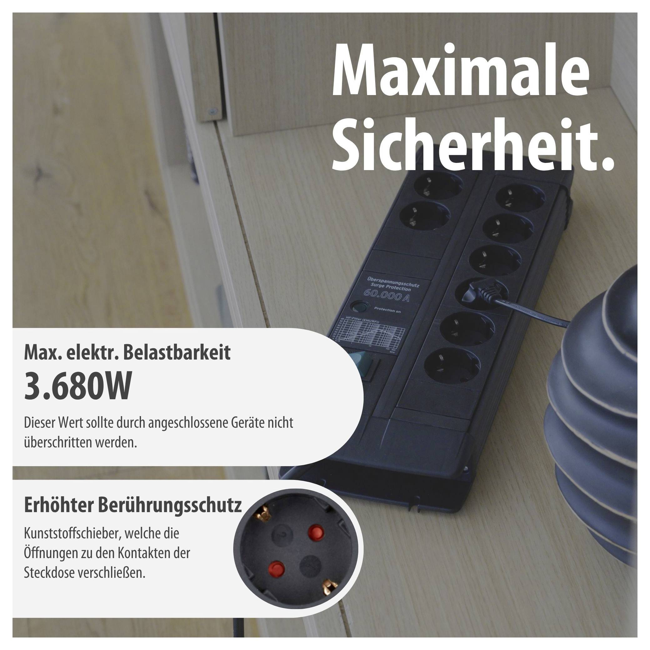 Werbegrafik einer Steckdosenleiste auf dem Boden mit Aufdruck 'Maximale Sicherheit'; nennt maximale elektrische Belastbarkeit 3.680W und erhöhten Berührungsschutz.