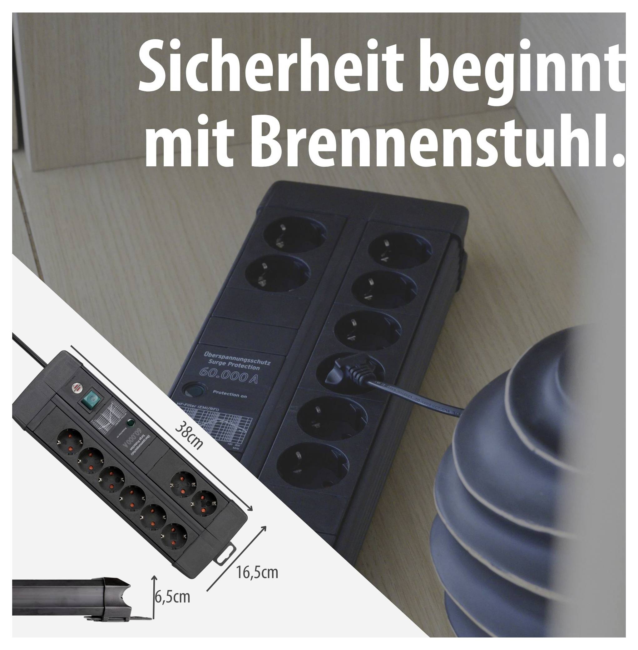 Werbeanzeige für eine schwarze Steckdosenleiste mit dem Text 'Sicherheit beginnt mit Brennstuhl.'; zeigt Produkt und Maße 38 cm, 16,5 cm und 6,5 cm.