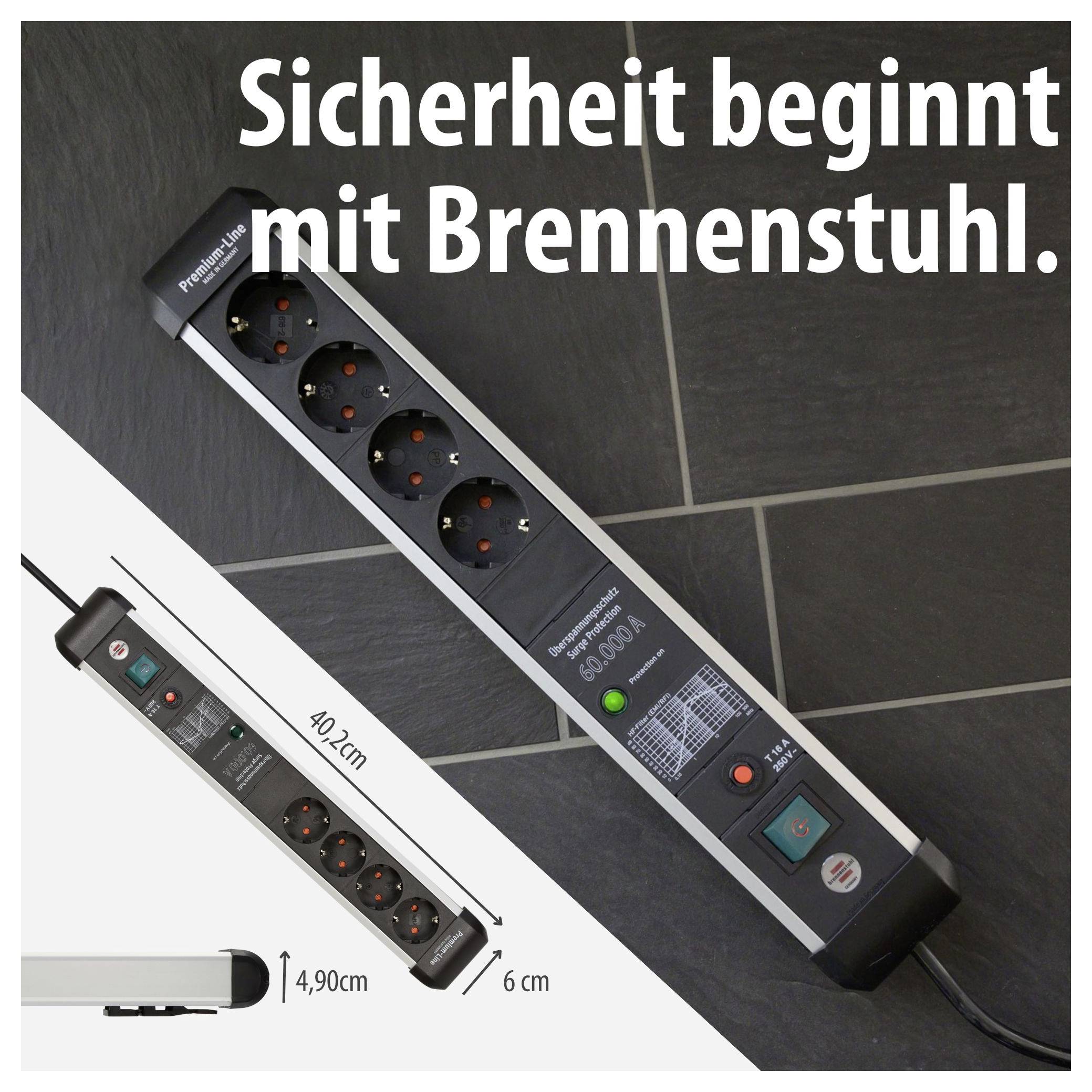 Werbung für eine Brennenstuhl-Steckdosenleiste: schwarze Mehrfachsteckdose mit fünf Steckplätzen, Text 'Sicherheit beginnt mit Brennenstuhl.'