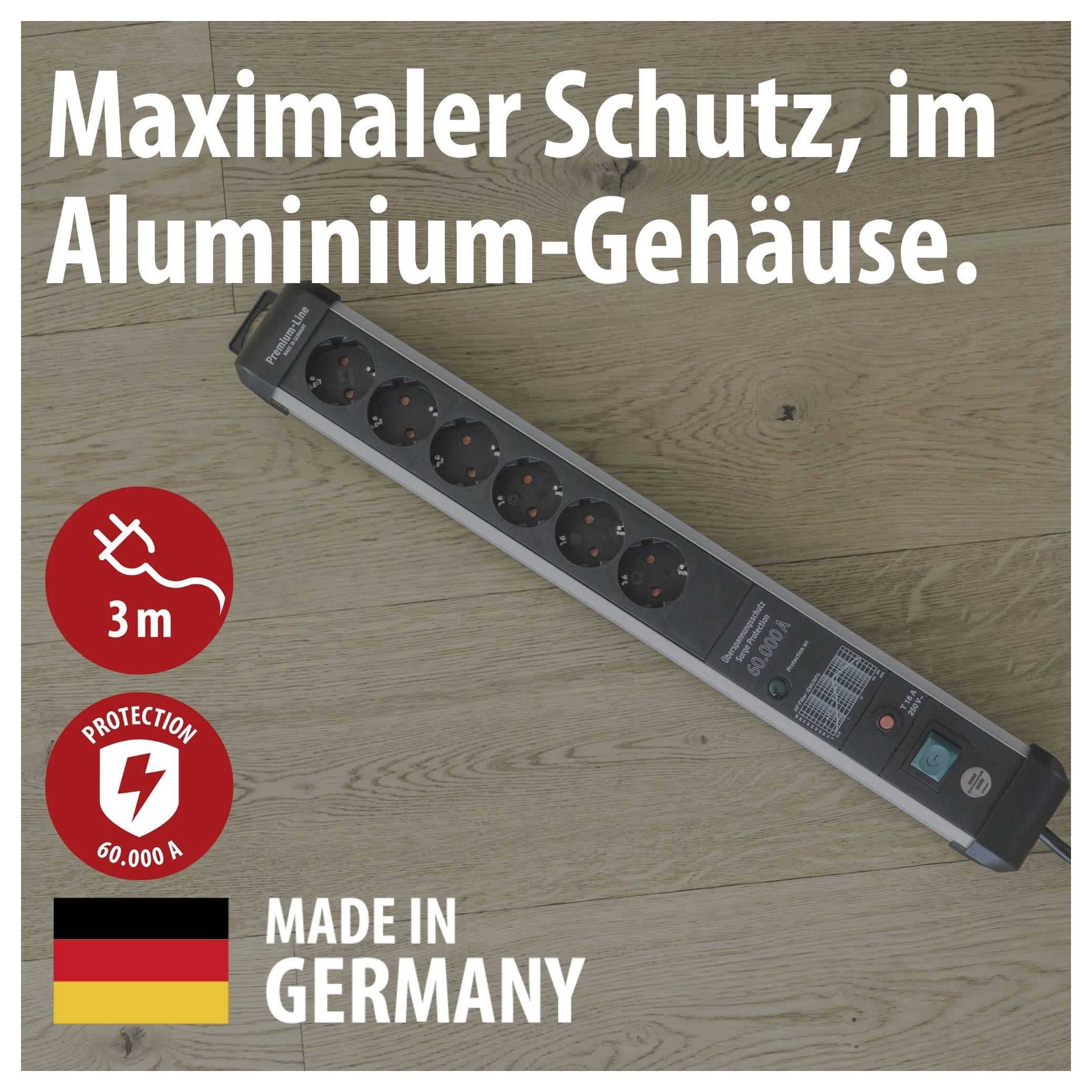 Bild einer Mehrfachsteckdose im Aluminiumgehäuse mit Text 'Maximaler Schutz, im Aluminium-Gehäuse.', Symbolen für 3 m Kabel und 60.000 A sowie 'Made in Germany'.