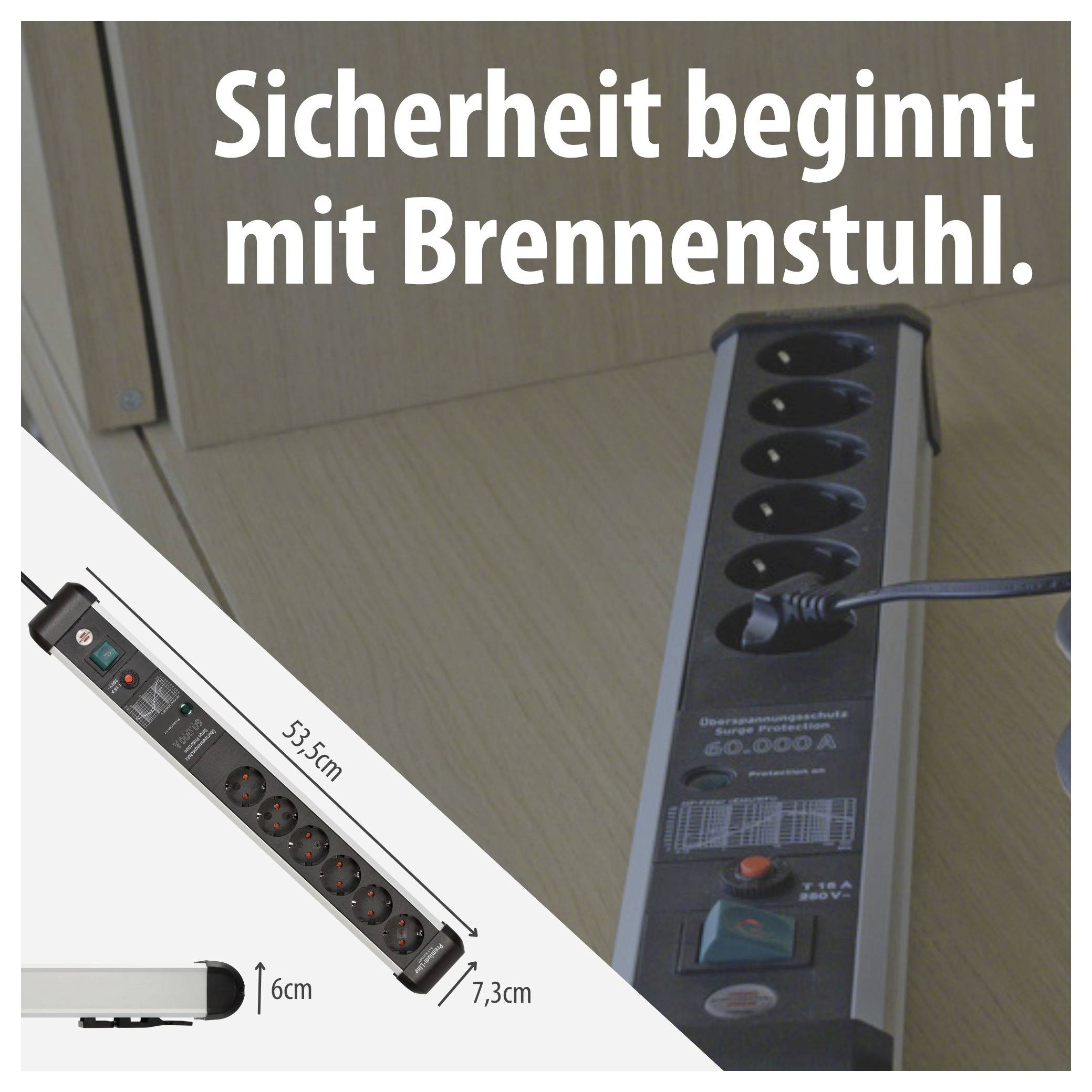 Werbebild für eine Brennenstuhl-Steckdosenleiste mit Überspannungsschutz; Text: 'Sicherheit beginnt mit Brennenstuhl.'