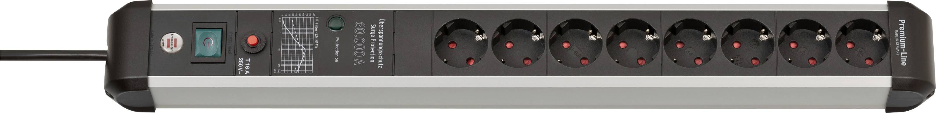Schwarze Steckerleiste mit 8 Steckdosen, einem rot beleuchteten Stromschalter und einem 1,8 Meter langen Kabel.