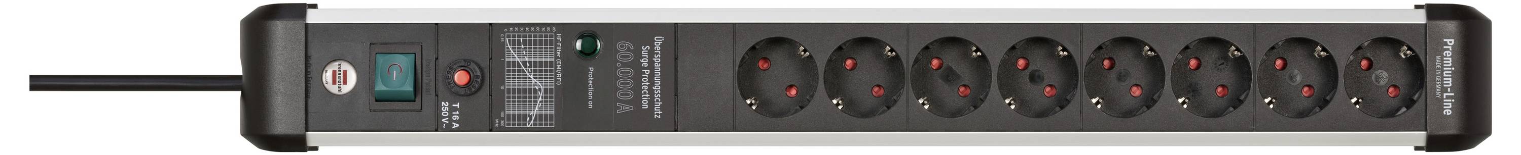 Ein schwarzes Überspannungsschutz-Steckerleistenboard mit einem rot beleuchteten Schalter, einer blauen Anzeige und acht runden Elektrosteckdosen.