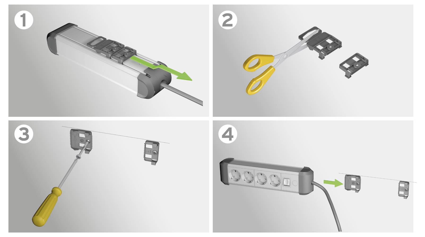 Vierschrittiges Anweisungsdiagramm zum Zusammenbau einer Steckdosenleiste: Deckel entfernen, Kabel durchtrennen, Wandbefestigungstück anbringen und wieder einbauen.