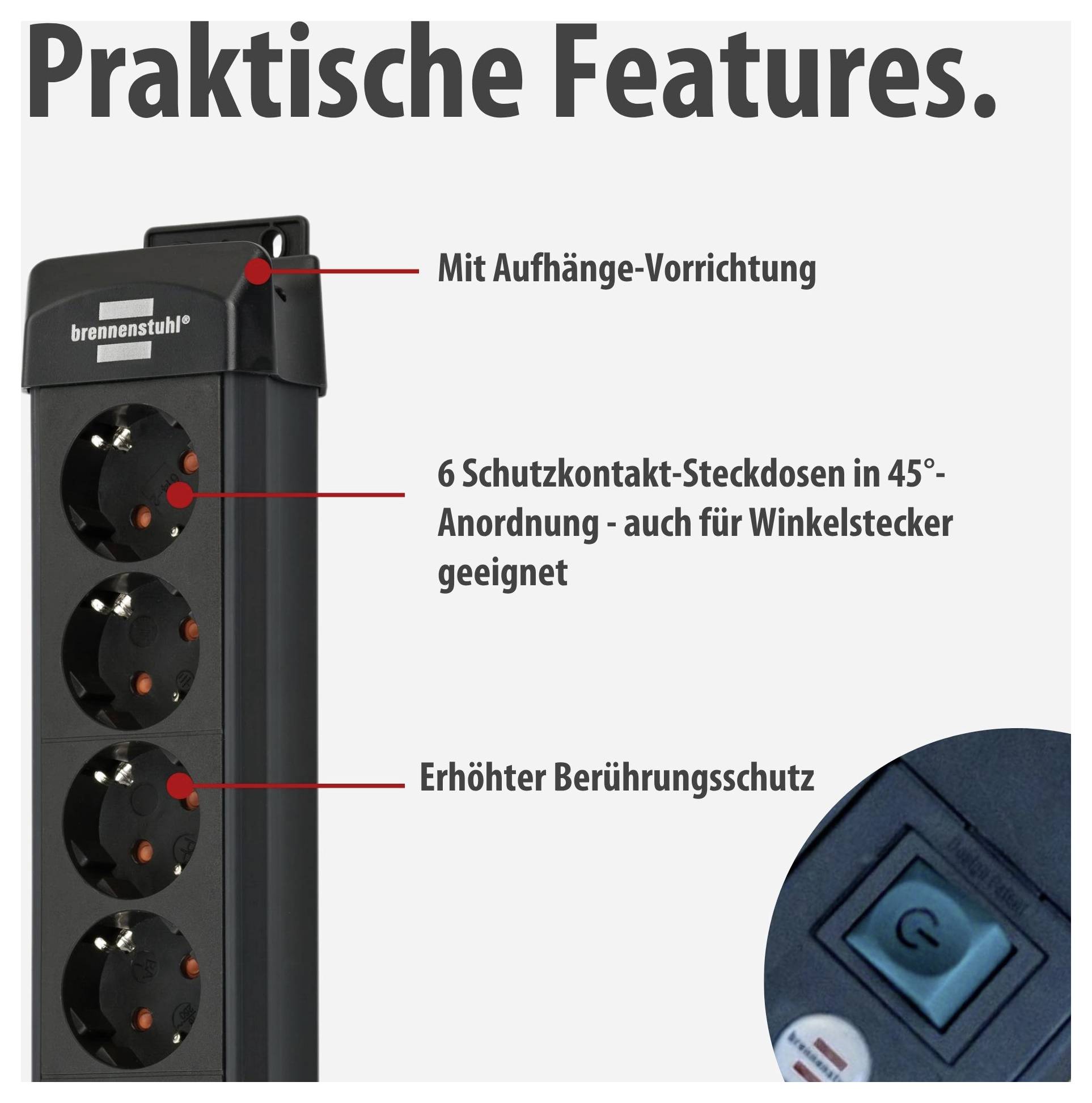 Steckdosenleiste mit 6 Schutzkontakt-Steckdosen: Aufhänge-Vorrichtung, 45°-Anordnung für Winkelstecker und erhöhter Berührungsschutz.