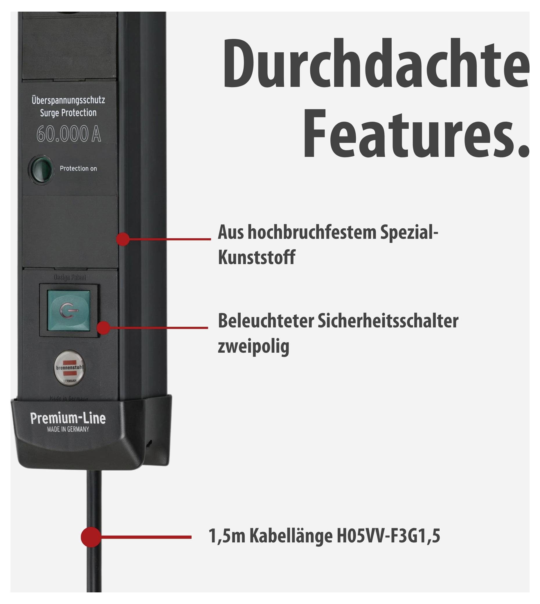 Werbebild einer Überspannungsschutz-Steckdosenleiste mit den Merkmalen: robustes Spezial-Kunststoffgehäuse, beleuchteter Sicherheitsschalter, 1,5 m Kabel.