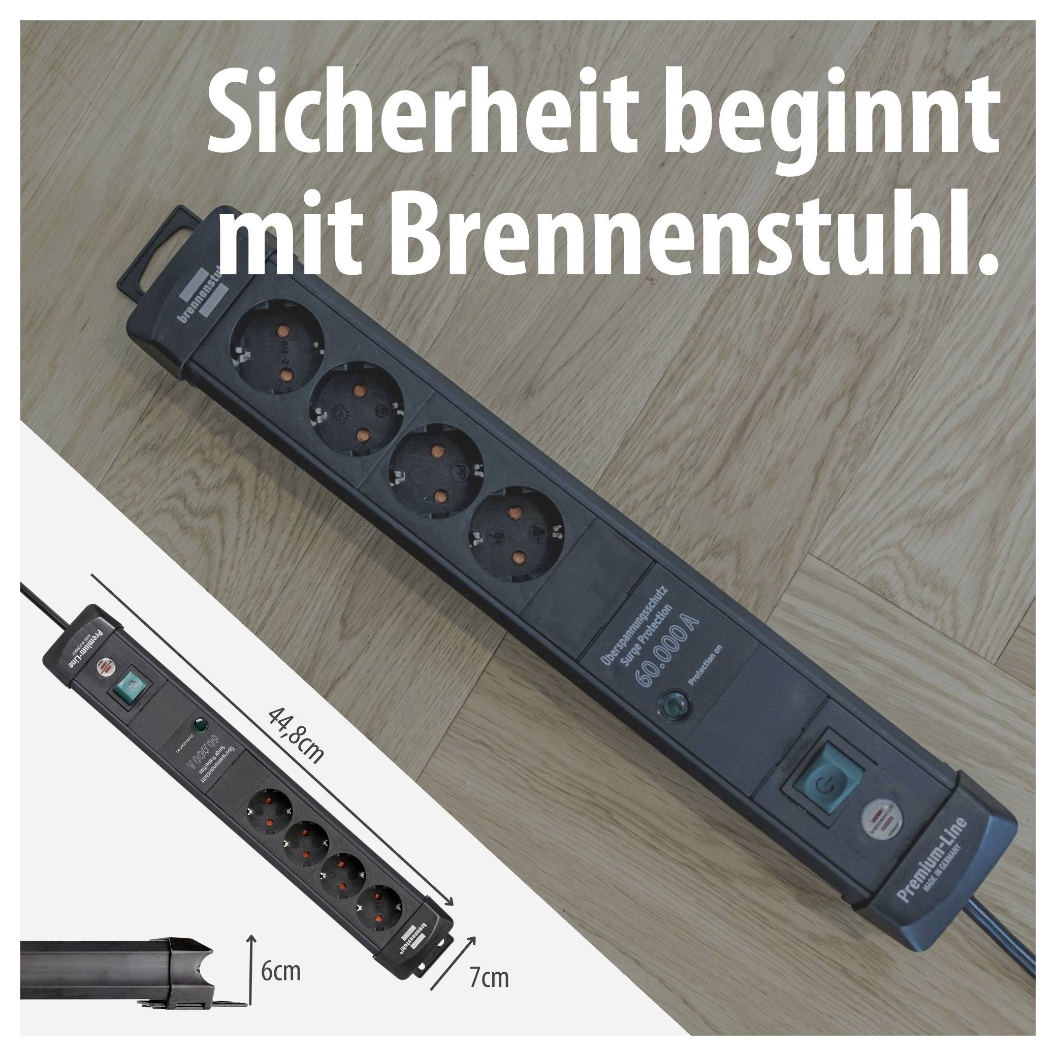 Werbung für eine Steckdosenleiste mit dem Text 'Sicherheit beginnt mit Brennenstuhl.' und Maßangaben zu Länge, Breite und Höhe.