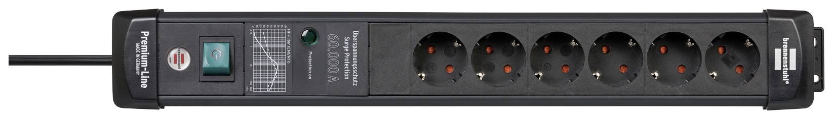 Schwarze Steckdosenleiste mit sechs Steckplätzen und grünem Schalter auf der linken Seite. Modellnummer und Marke sind aufgedruckt.