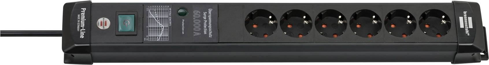 Mehrfachsteckdose mit sechs schwarzen Steckplätzen, grünem Schalter und Überspannungsschutzanzeige auf der linken Seite.
