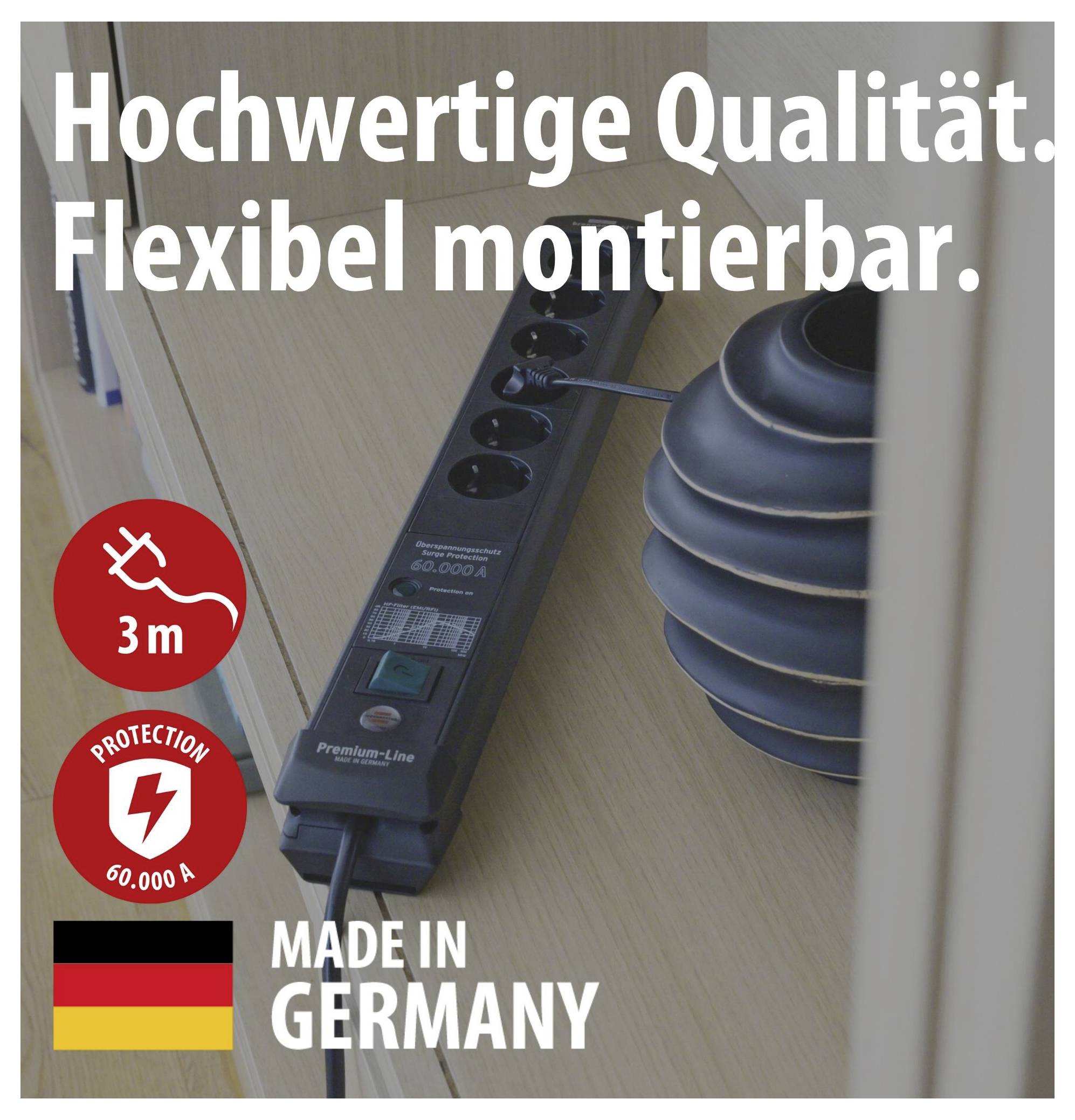 Mehrfachsteckdose mit 3 m Kabel, Überspannungsschutz bis 60.000 A, flexibel montierbar, 'Made in Germany'.
