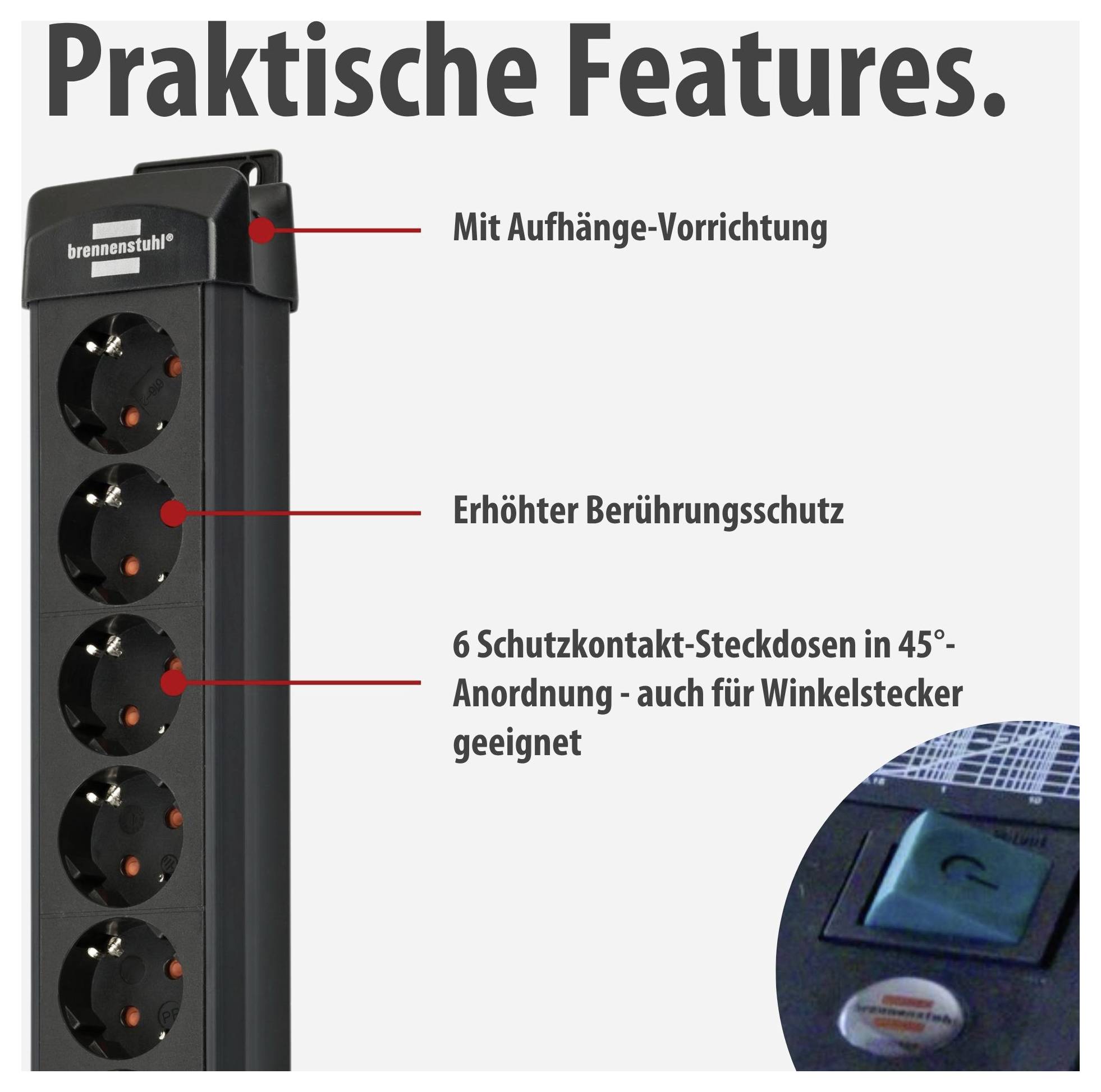 Werbung für eine Steckdosenleiste mit 6 Schutzkontakt-Steckdosen, Aufhänge-Vorrichtung und erhöhtem Berührungsschutz.
