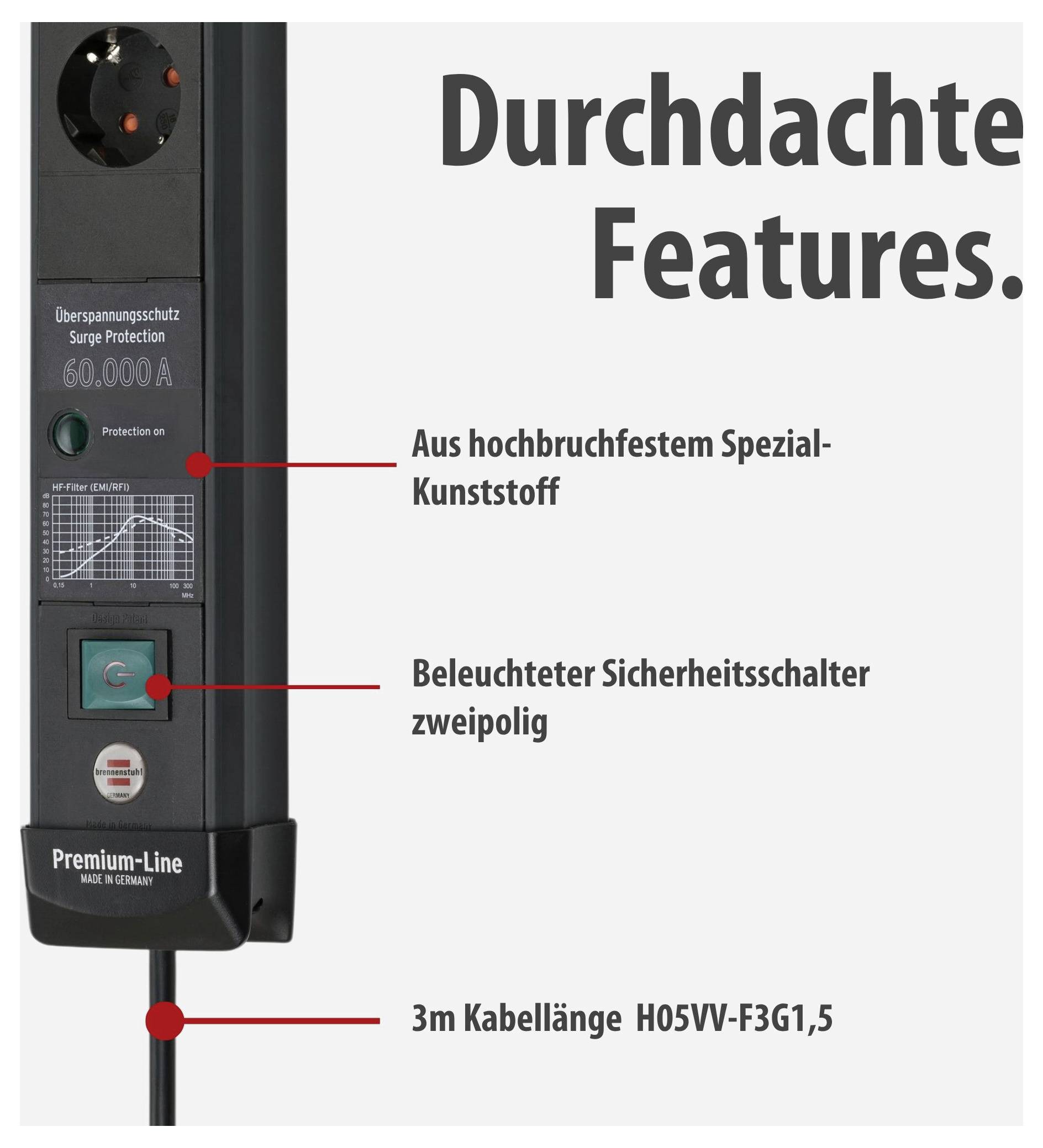 Werbegrafik einer Steckdosenleiste mit Text 'Durchdachte Features': robustes Spezial-Kunststoffgehäuse, beleuchteter zweipoliger Sicherheitsschalter und 3 m Kabel H05VV-F3G1,5.