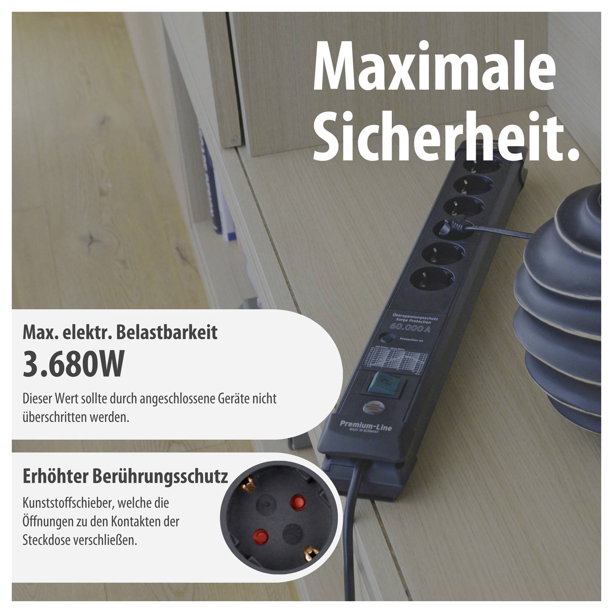 Werbebild einer Steckdosenleiste: 'Maximale Sicherheit.' mit max. elektrischer Belastbarkeit 3.680 W und erhöhtem Berührungsschutz durch Kunststoffschieber.