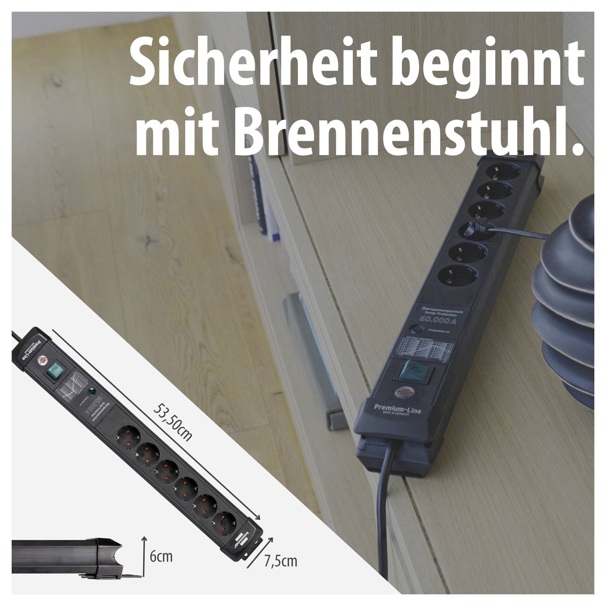Werbeabbildung einer Brennenstuhl-Steckdosenleiste mit dem Text 'Sicherheit beginnt mit Brennenstuhl.'; zeigt mehrere Steckplätze und Maße 53,5 cm, 6 cm und 7,5 cm.