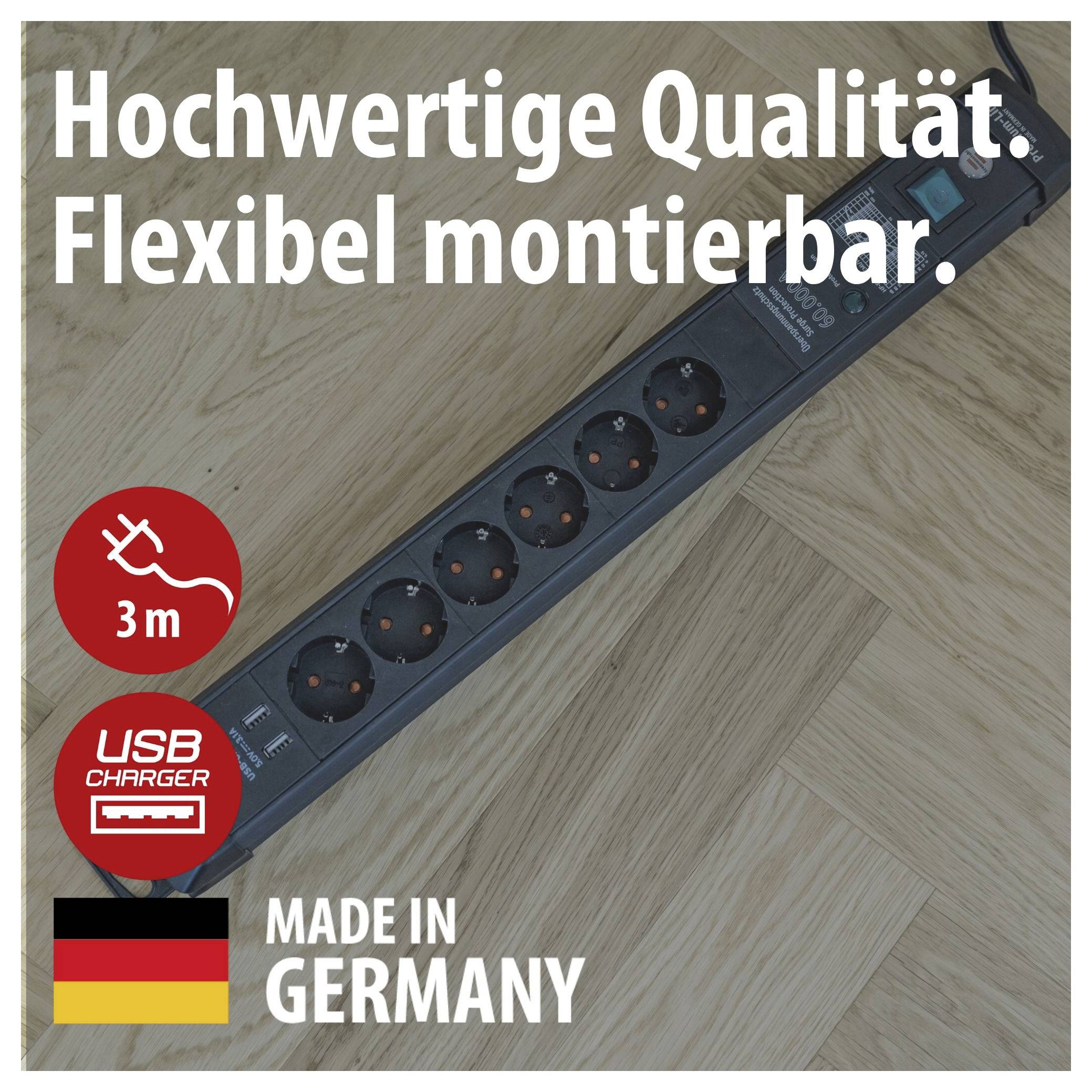 Steckdosenleiste mit 3 m Kabel und USB-Ladegerät; Text: 'Hochwertige Qualität. Flexibel montierbar.' sowie 'Made in Germany'.